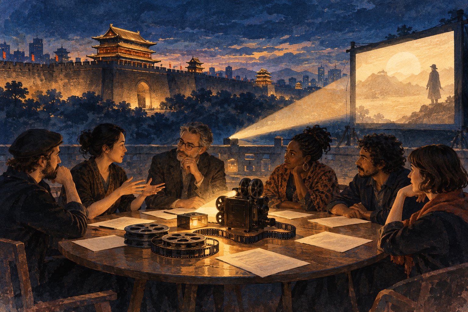西安古城墙前,电影创作者围桌交流,投影光束连接远处银幕的概念插画