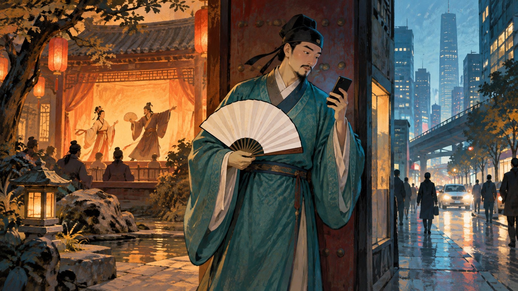 原創概念插畫:古裝書生手持摺扇與手機,站在戲臺庭院與現代街景之間