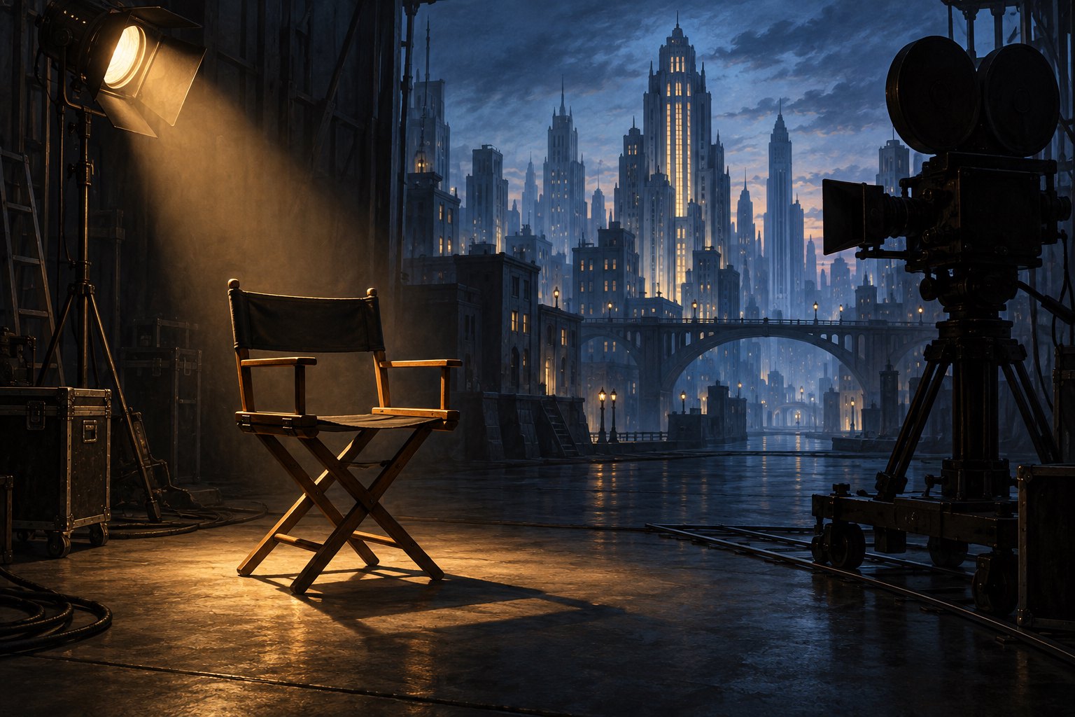 An empty director’s chair and movie camera face an Art Deco city set under blue twilight and a warm studio spotlight.