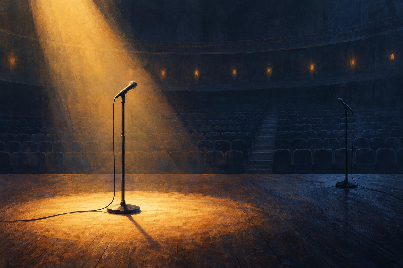 Conceptual illustration of two microphones on an empty concert stage, one in a warm spotlight and the other in shadow.