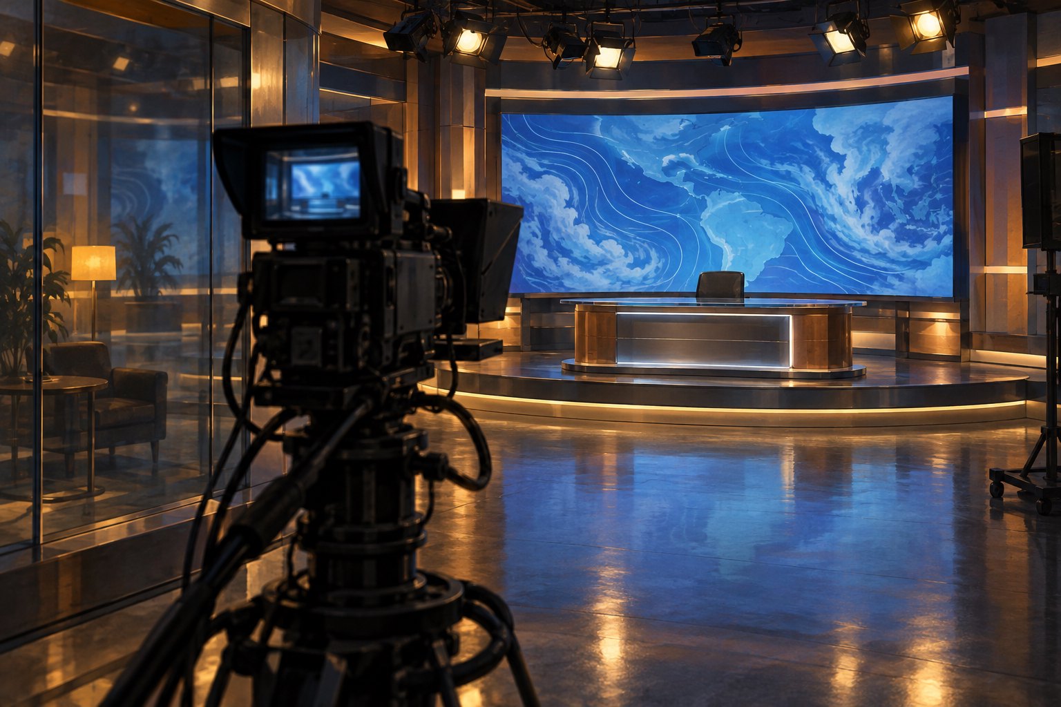 Concept illustration of an empty television studio with a broadcast camera facing a softly glowing blue weather screen.