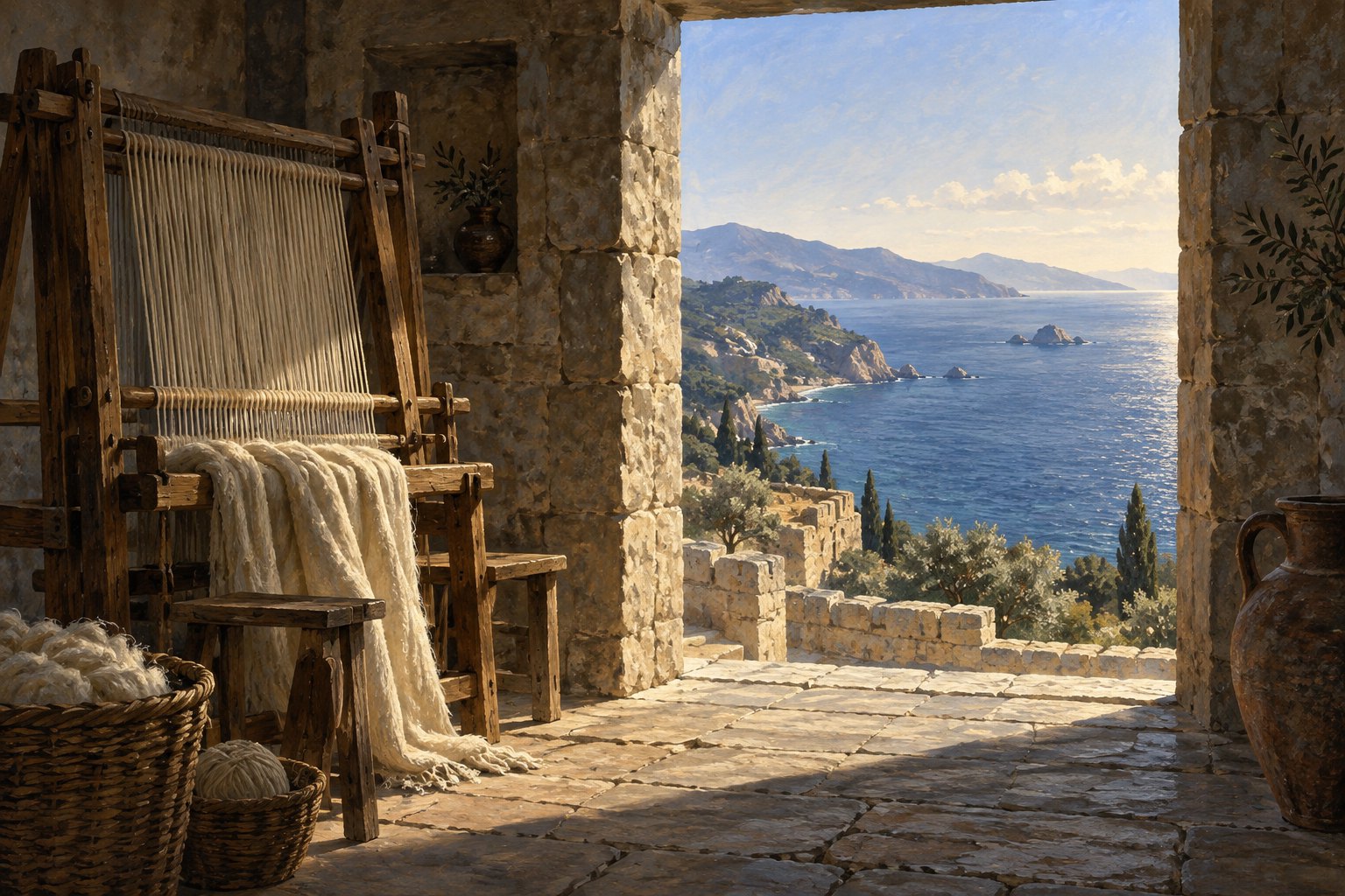 Imagined illustration of a wooden loom beside a sunlit stone doorway overlooking the sea, evoking Penelope’s wait.