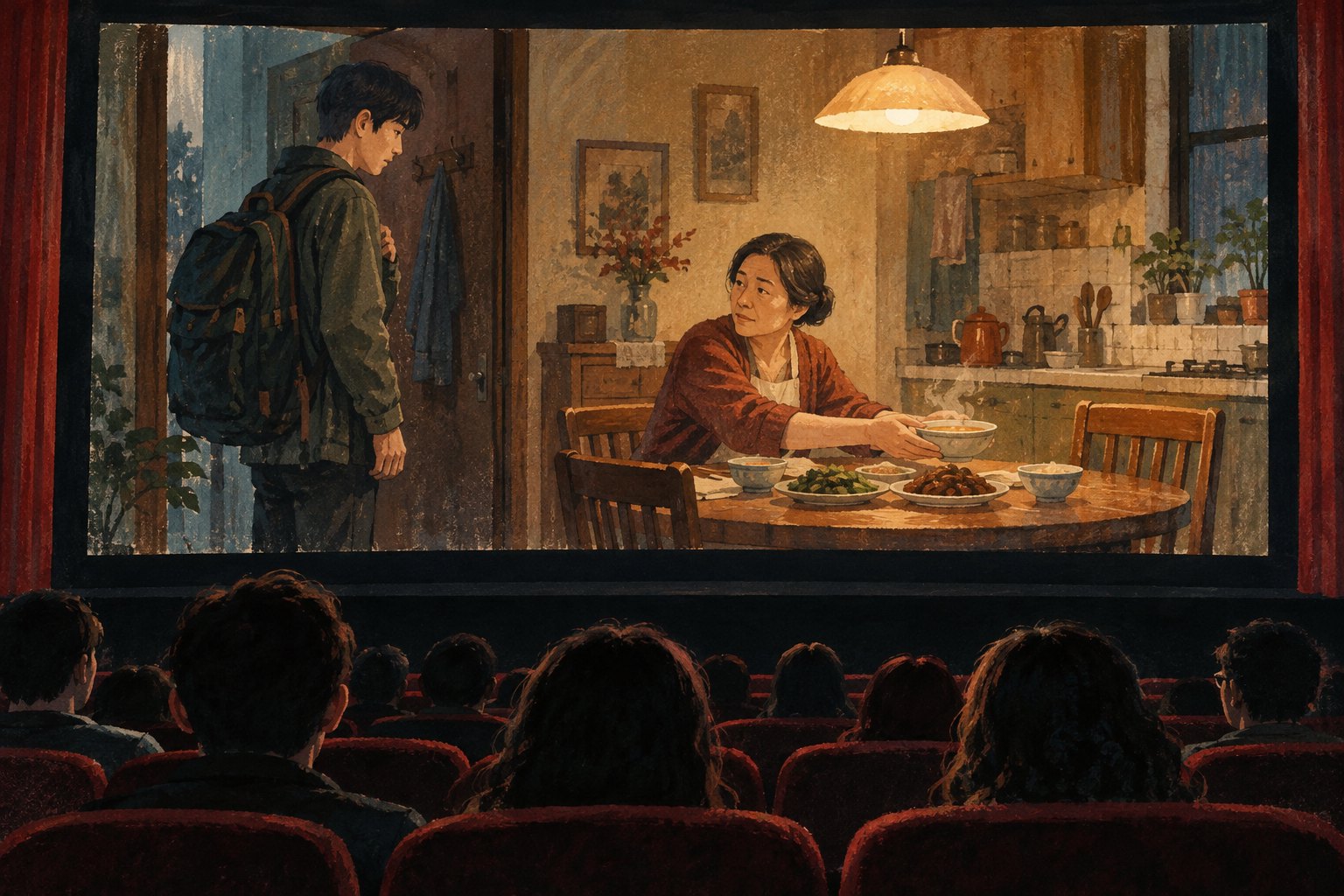 观众凝视银幕上母亲向背包青年递出热汤的虚构家庭场景插画，非参展影片剧照
