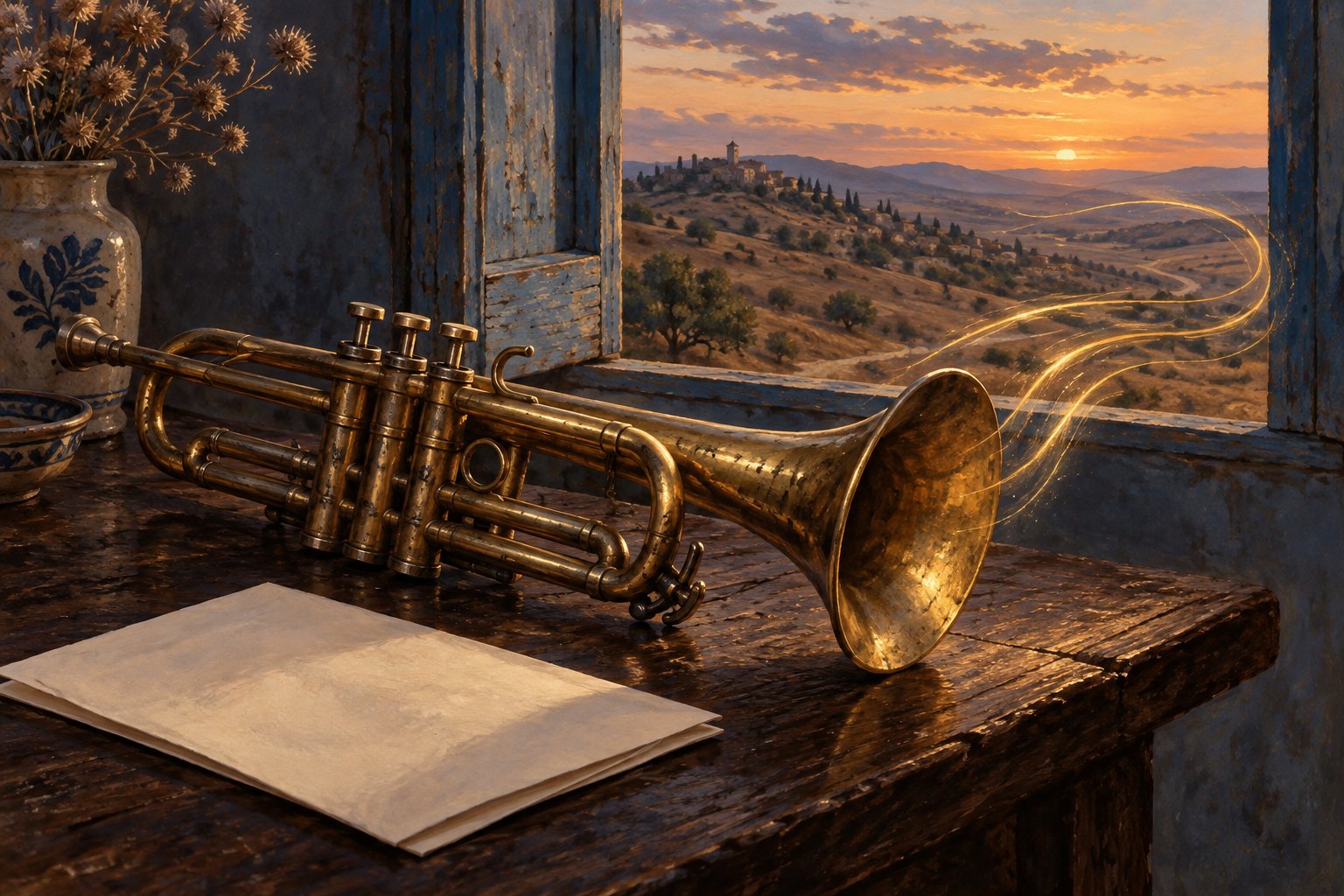 Conceptual illustration of a brass trumpet and blank papers beside an open window overlooking hills at sunset.