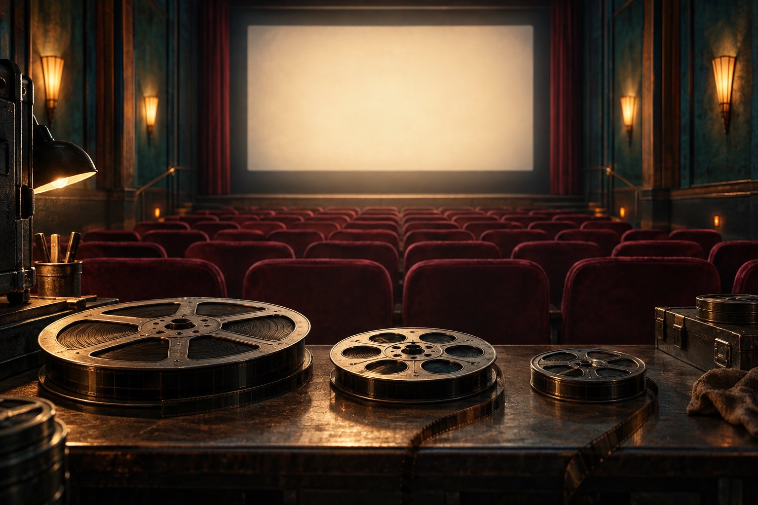 Editorial illustration of three film reels on a workbench overlooking burgundy theater seats and a blank illuminated screen.
