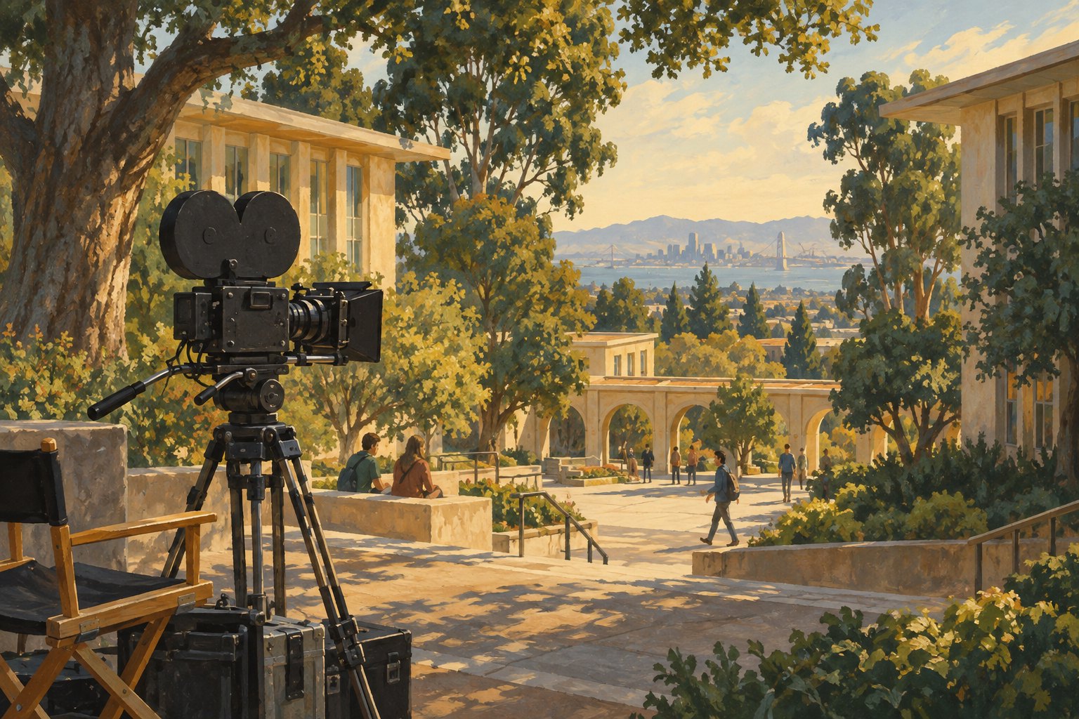 Conceptual illustration of a cinema camera facing a tree-lined California college courtyard in warm afternoon light.