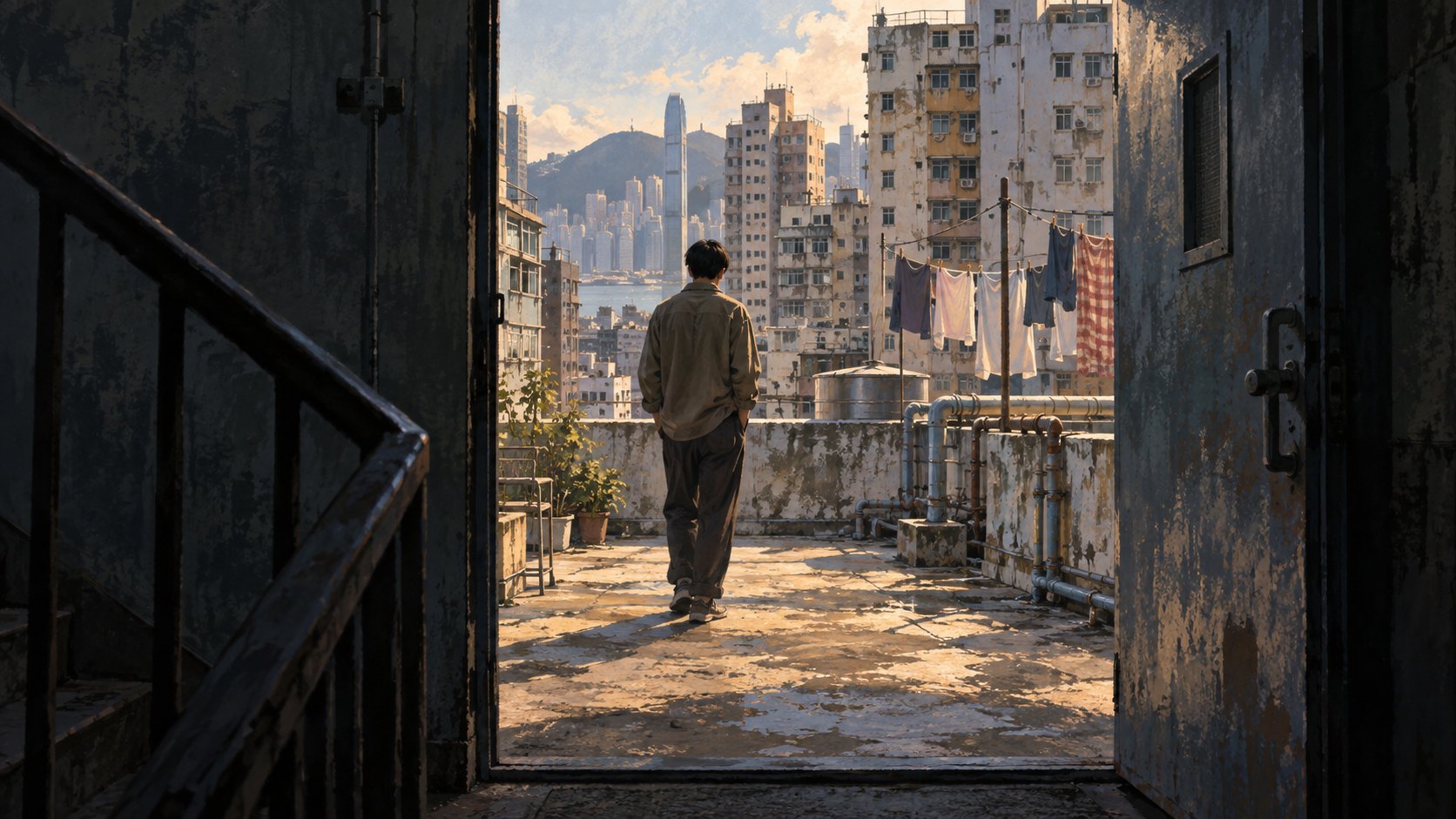 原創概念插畫：人物從陰暗樓梯間走向明亮天台，門框與女兒牆界定有限的去路