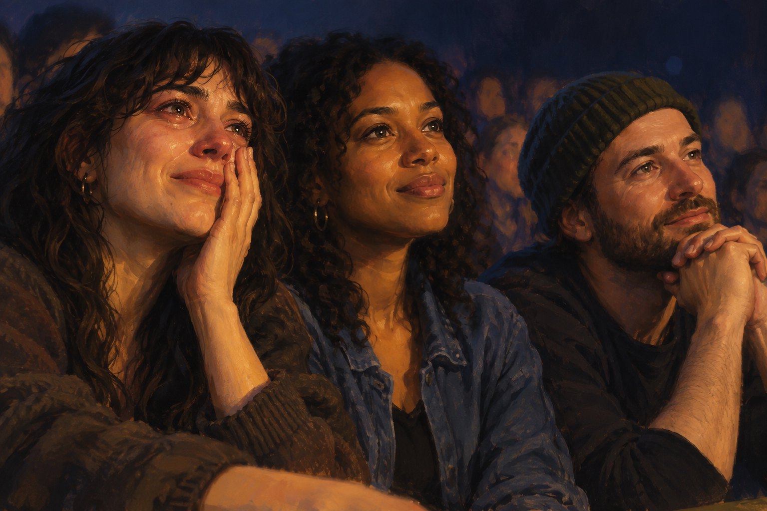 Conceptual painting of three fictional concertgoers listening thoughtfully in warm stage light, with one wiping away a tear.