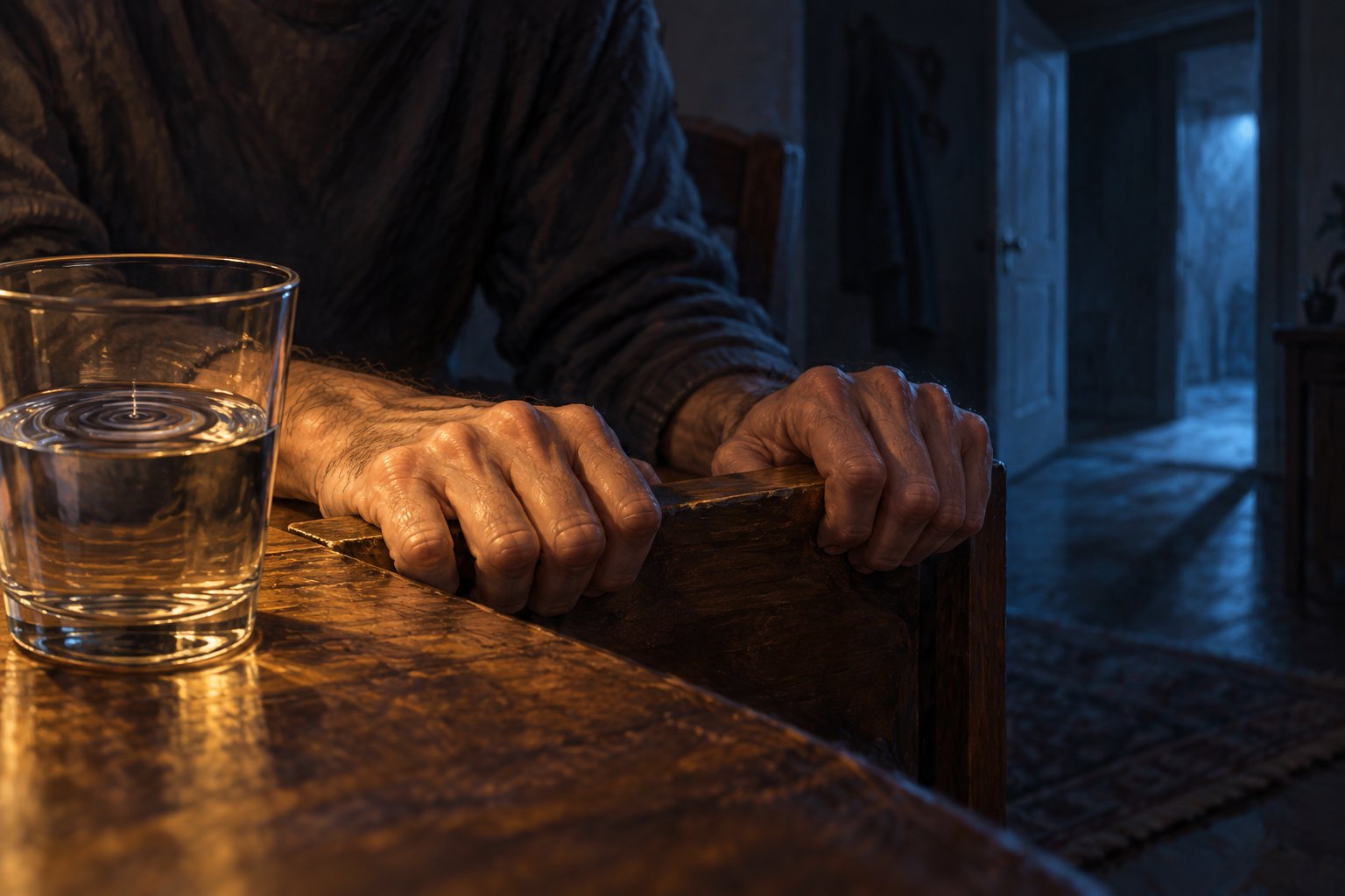 Conceptual illustration of tense hands gripping a table beside rippling water and a blue-lit doorway.