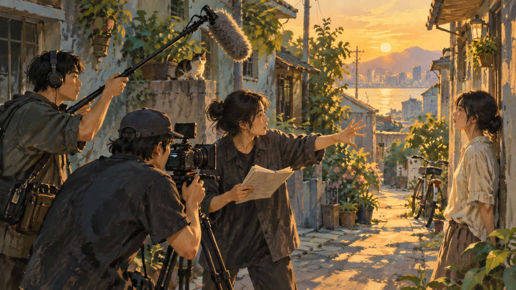 青年攝影與收音團隊在夕陽巷弄中合作拍攝的原創概念插畫,非賽事現場