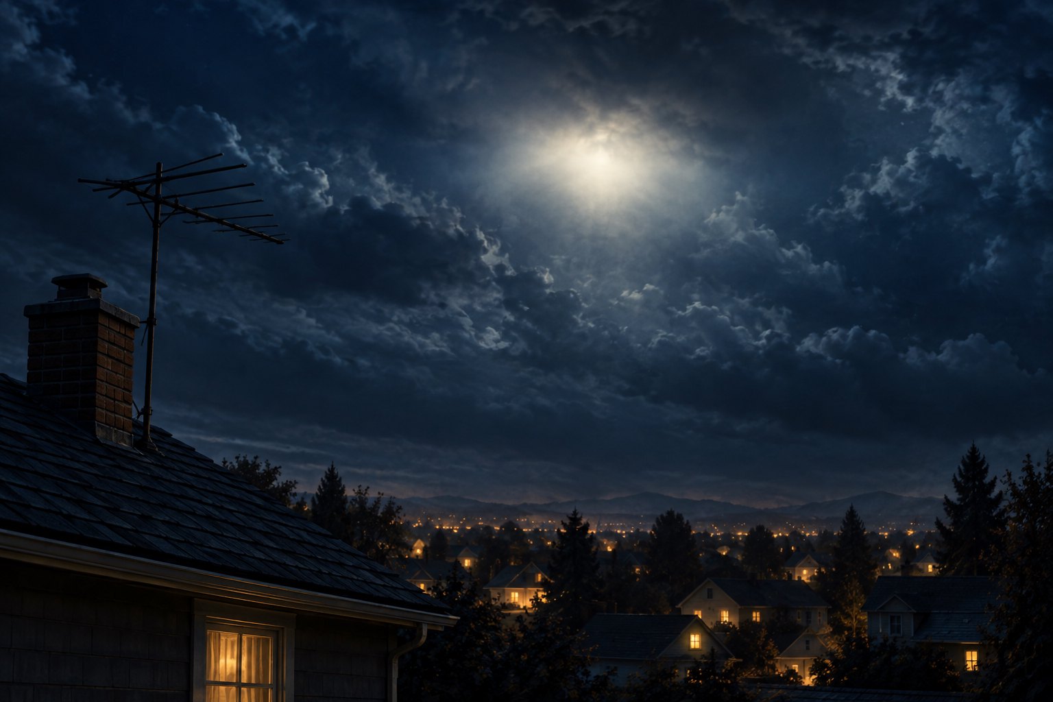 Concept illustration of suburban rooftops and a television antenna beneath a mysterious glow in a cloudy night sky.