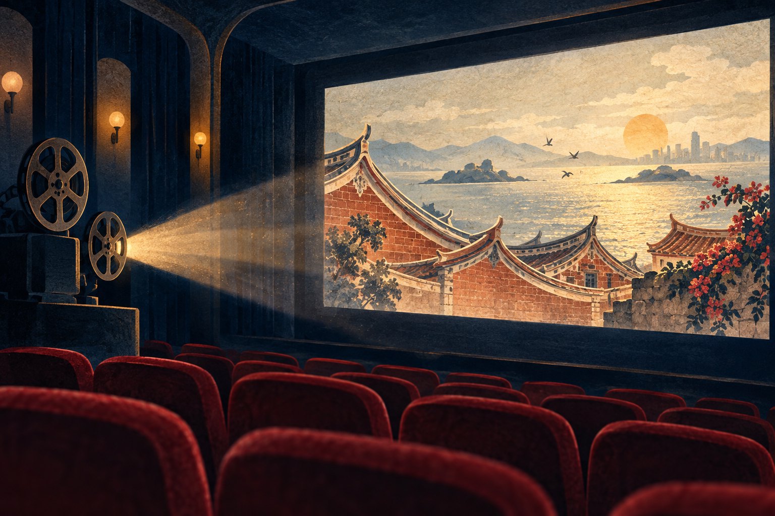 概念插画:红色影院座椅前,放映光束照向映有闽南红砖屋檐轮廓的银幕