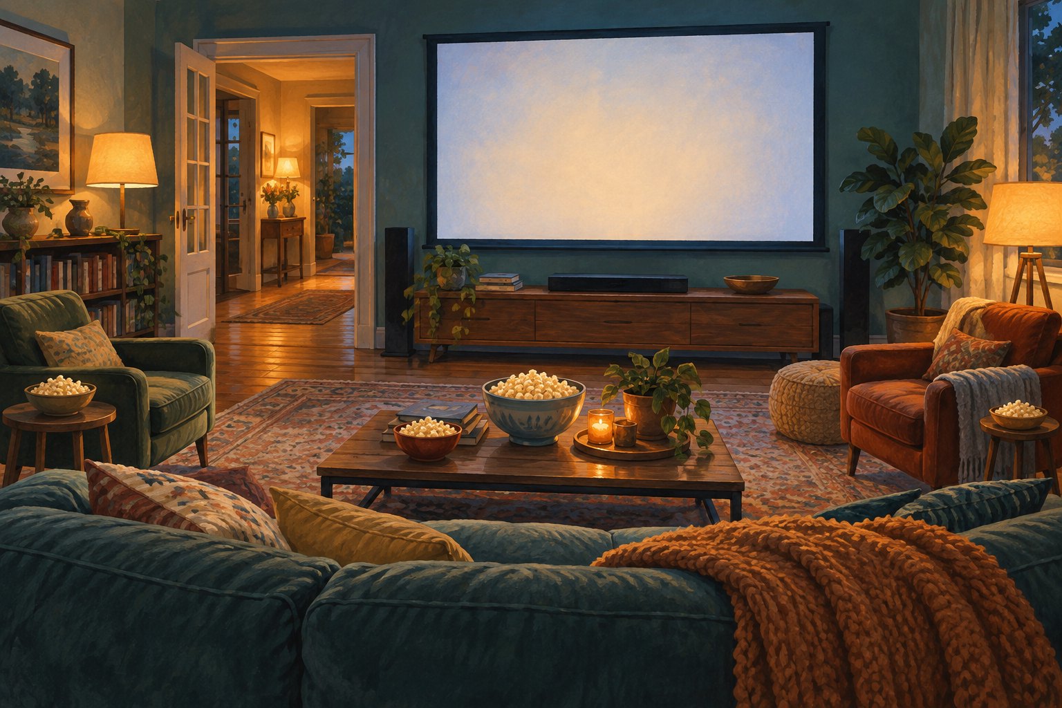 Editorial illustration of a welcoming living room with spaced seating, warm lamps, popcorn, and a blank movie screen.