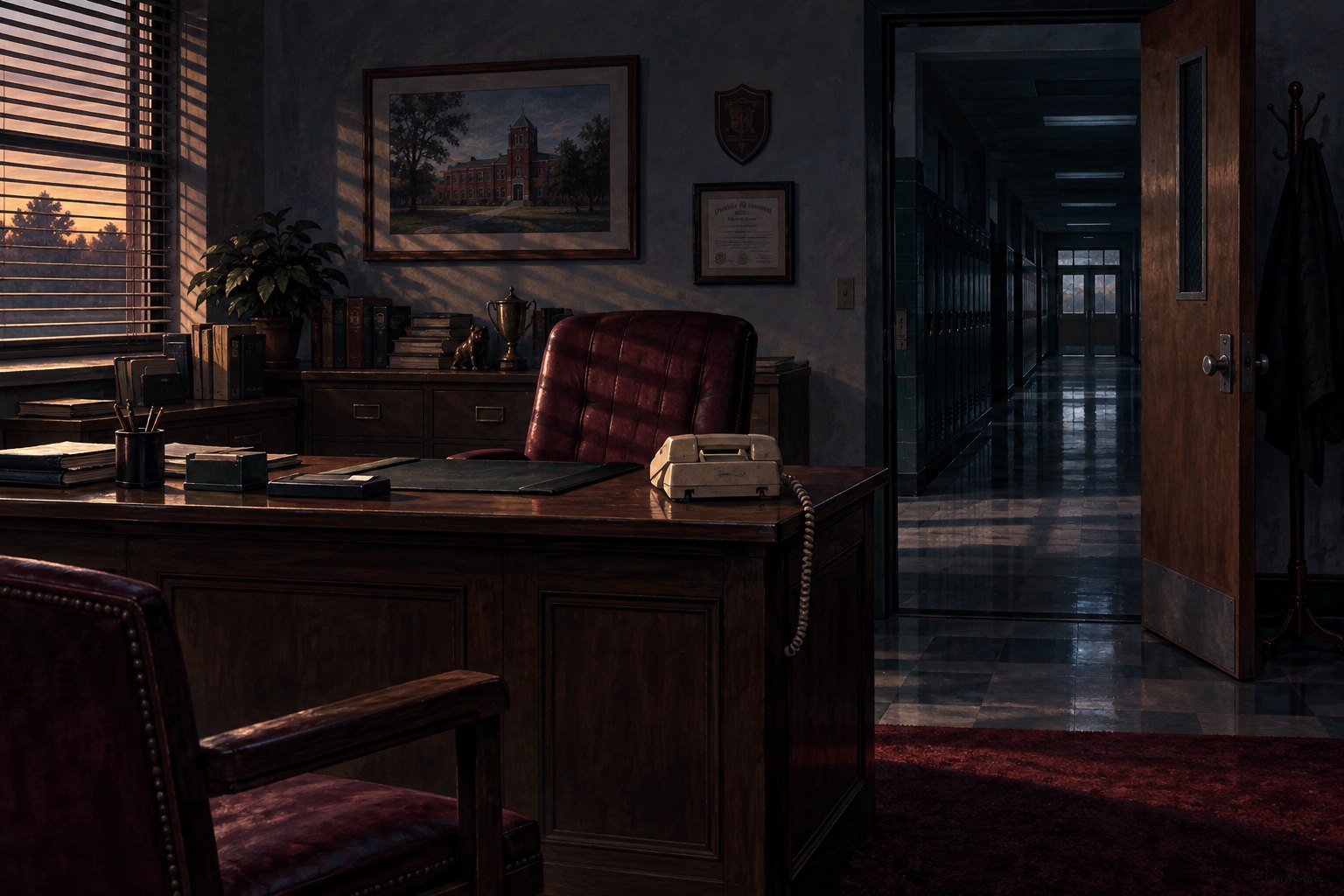 Illustration of an empty school principal’s office with a corded telephone and a doorway opening onto a shadowy hallway.
