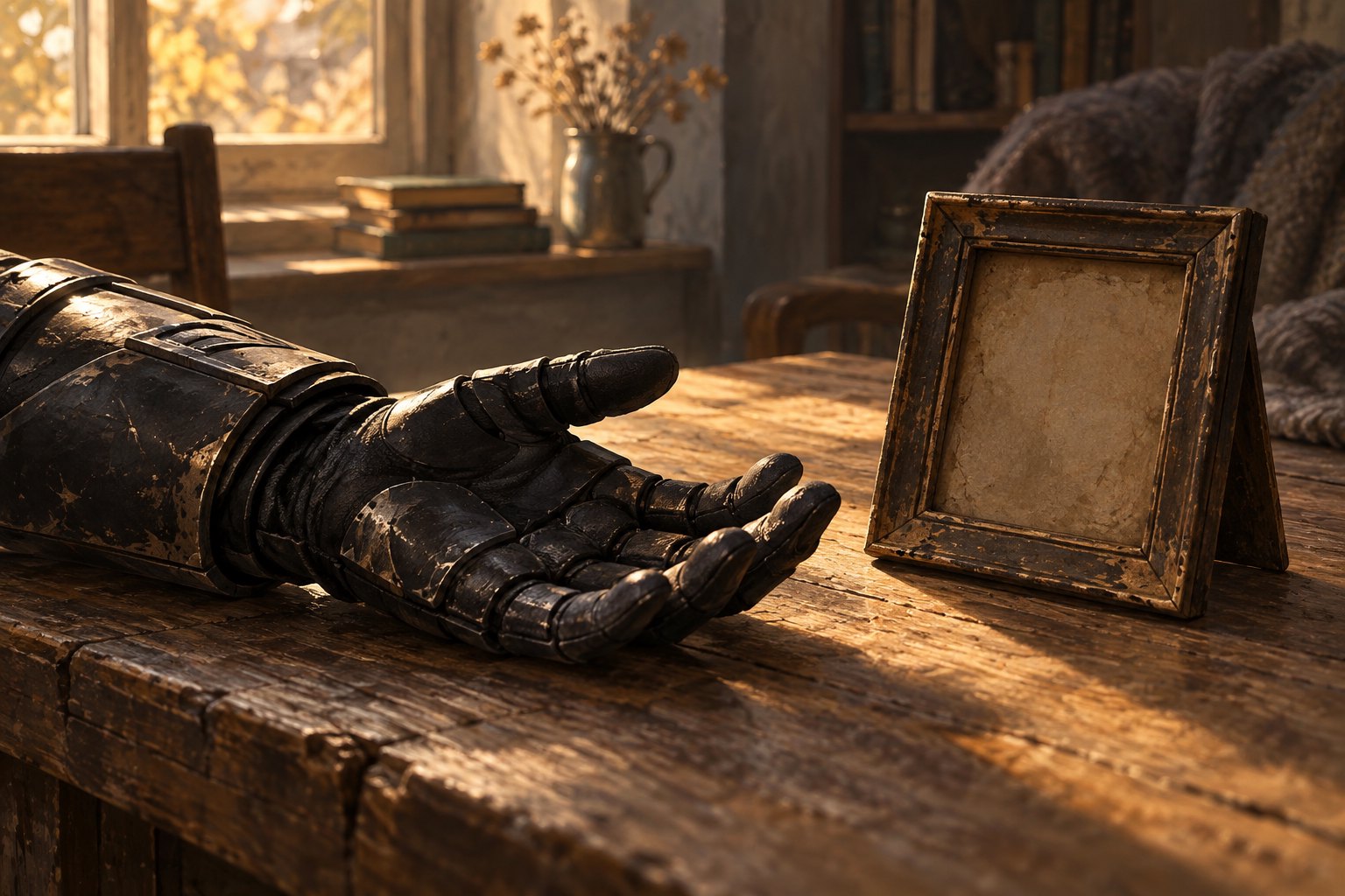 A dark armored glove rests palm-up beside an empty picture frame on a wooden table in warm window light.