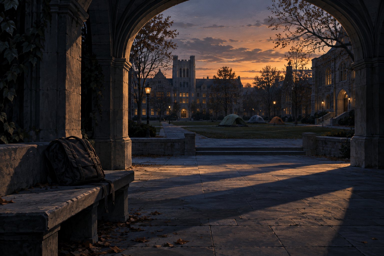 Conceptual illustration of a deserted college courtyard at dusk, with distant tents and a backpack beneath a stone archway.