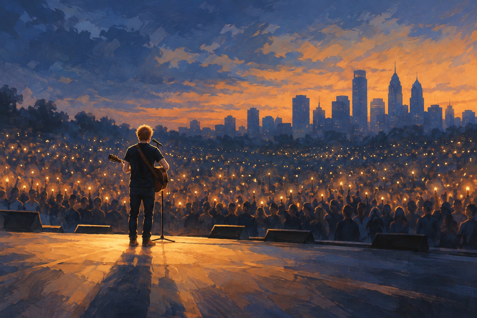 Conceptual painting of a red-haired guitarist facing a large concert audience beneath an amber sky and the Philadelphia skyline.