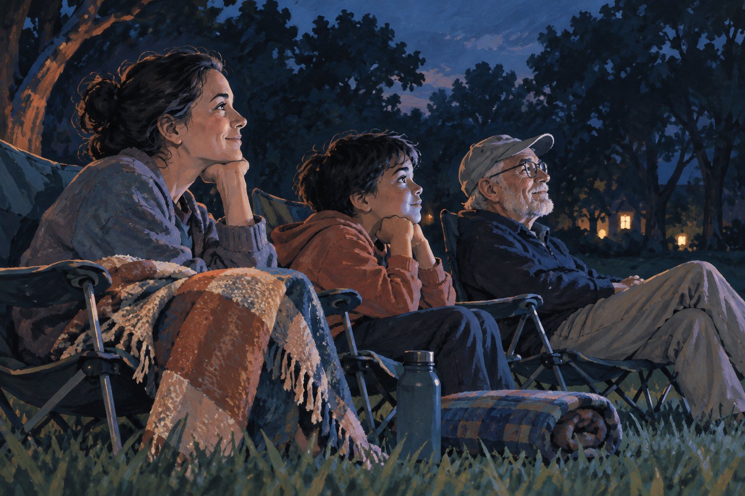 Illustration of three neighbors watching an outdoor movie, their faces softly illuminated by screen light.