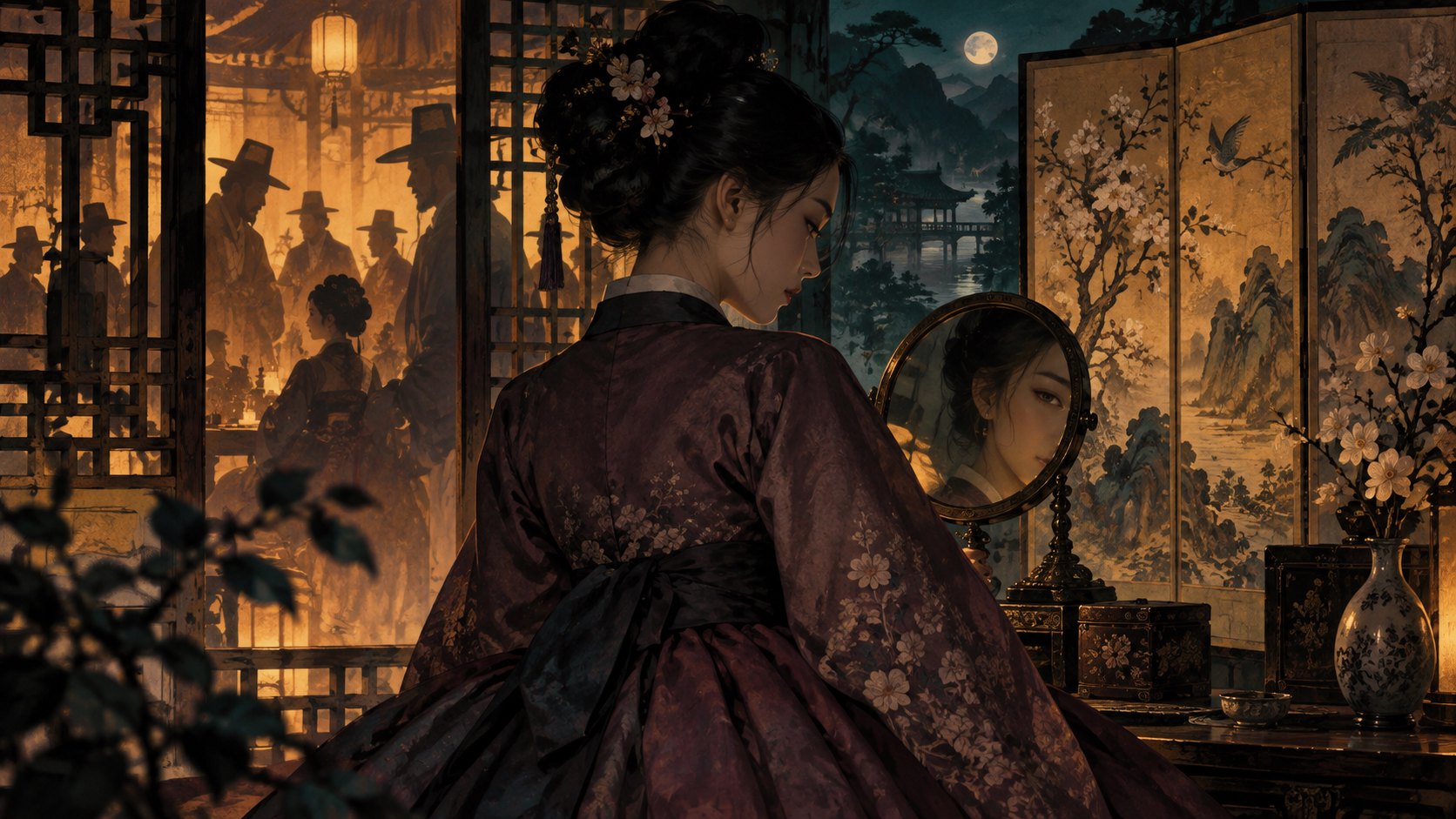 穿著韓服的虛構女子立於木格窗與屏風旁,銅鏡映出局部身影的原創概念插畫