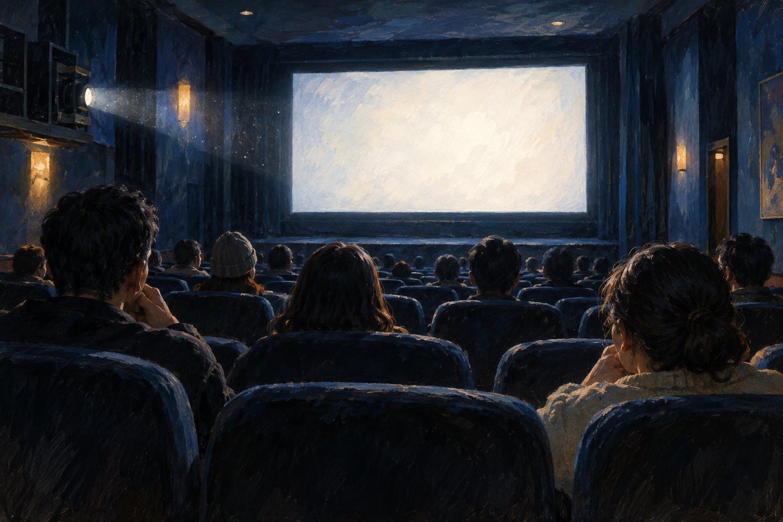 观众在深蓝色放映厅内面向明亮银幕的原创概念插画,非活动现场