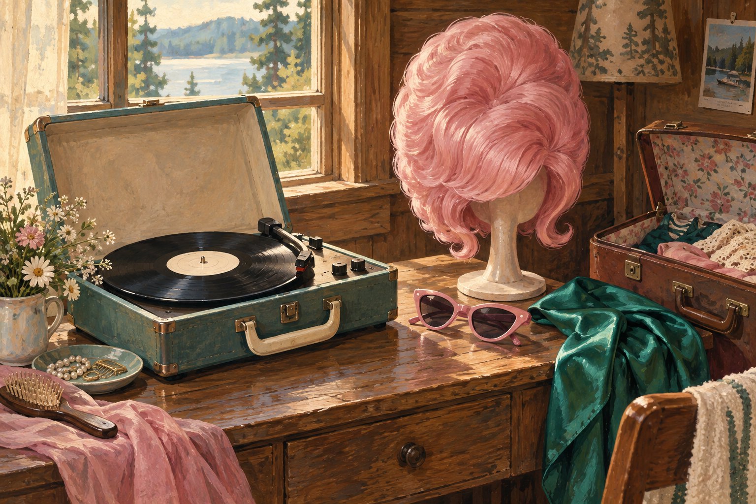 Conceptual illustration of a record player, pink beehive wig, sunglasses, green scarf, and open suitcase inside a sunlit wooden cabin.