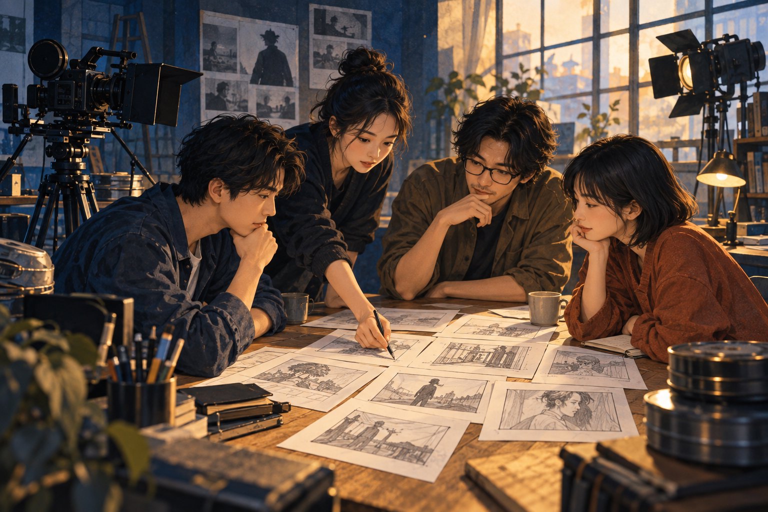 青年电影创作者围桌讨论分镜,摄影机置于一旁的概念插画