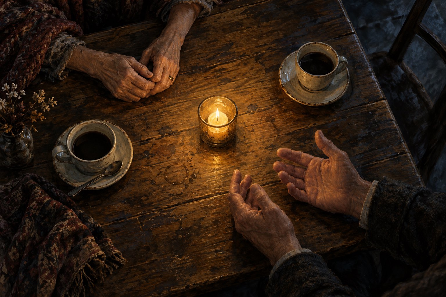 Conceptual illustration of two older adults' hands across a wooden cafe table with coffee cups and a glowing candle.