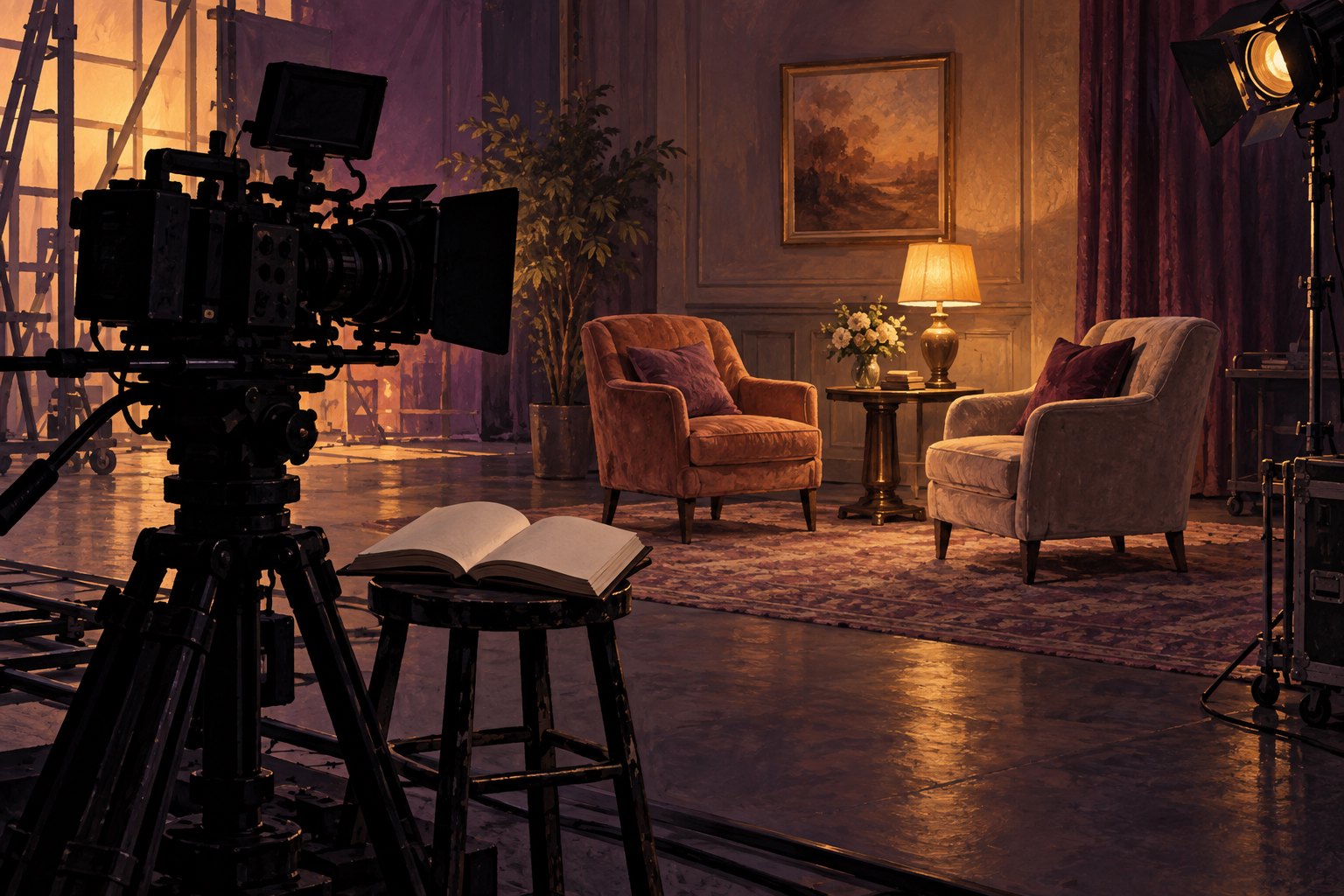 Painterly illustration of a cinema camera facing two empty chairs on a warmly lit hotel set, with an open book nearby.