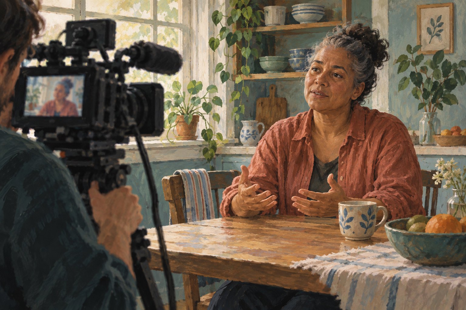 Conceptual illustration of a documentary camera facing a person gesturing during an interview at a kitchen table.