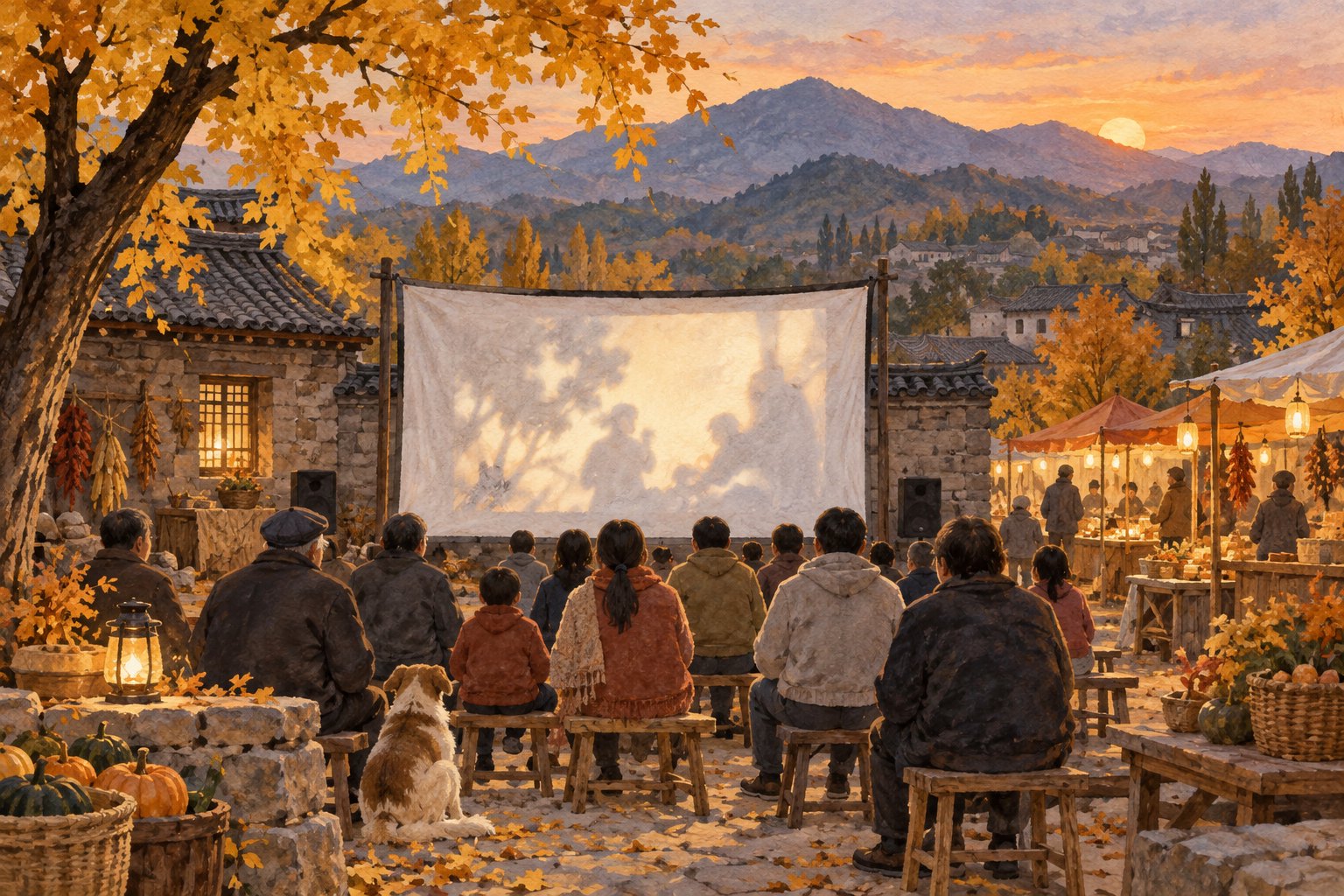 秋日乡村观影概念插画:观众在山村院落面向银幕就座,旁侧市集亮起暖灯