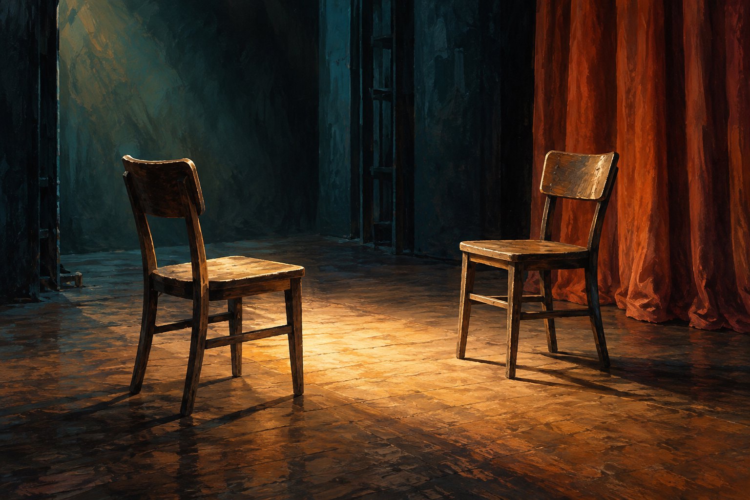 Conceptual illustration of two empty wooden chairs facing each other across a warmly lit stage beside a rust-colored curtain.