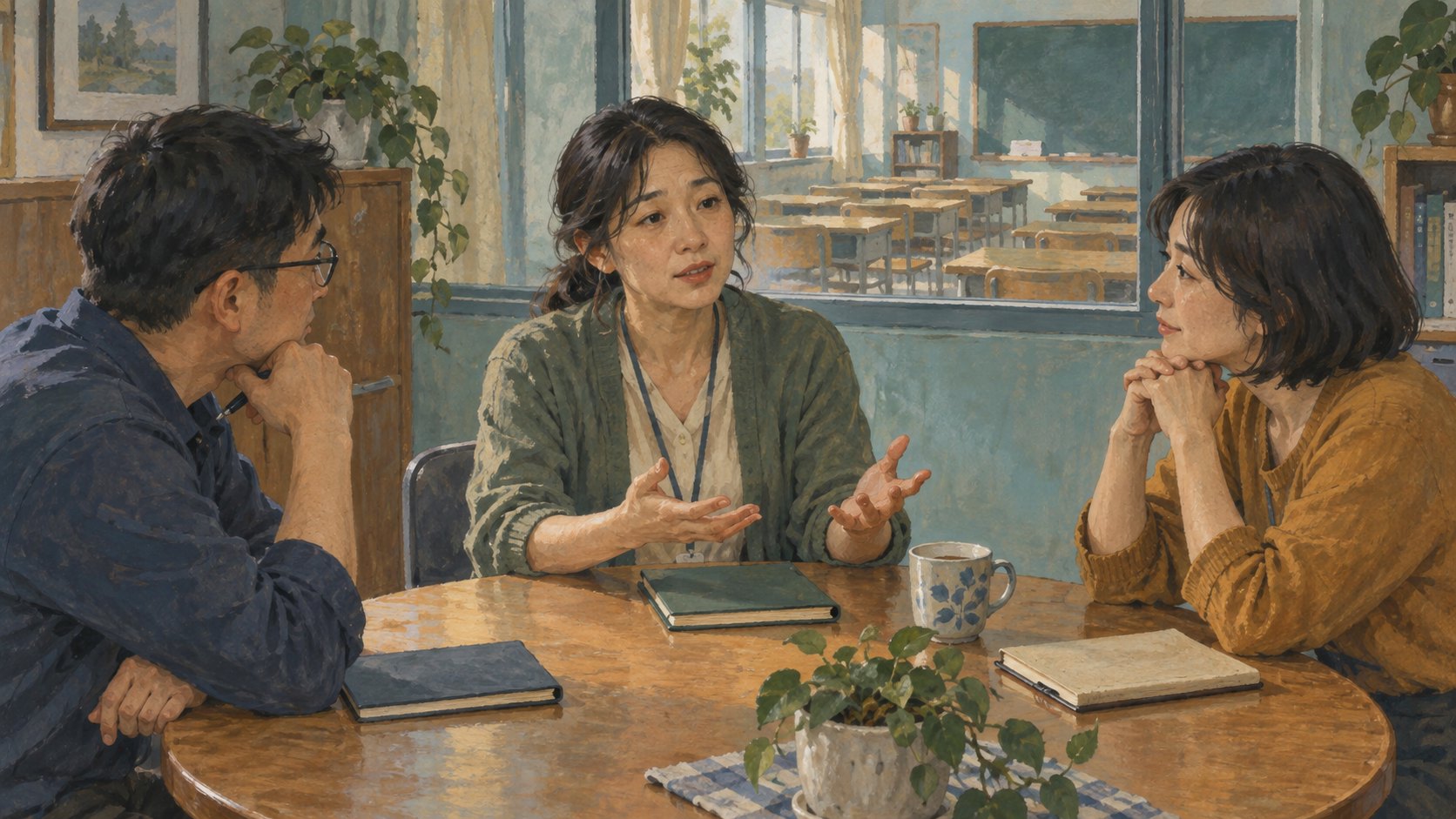 原創概念插畫:三名教育工作者圍坐木桌,一人說明處境,另外兩人專注傾聽
