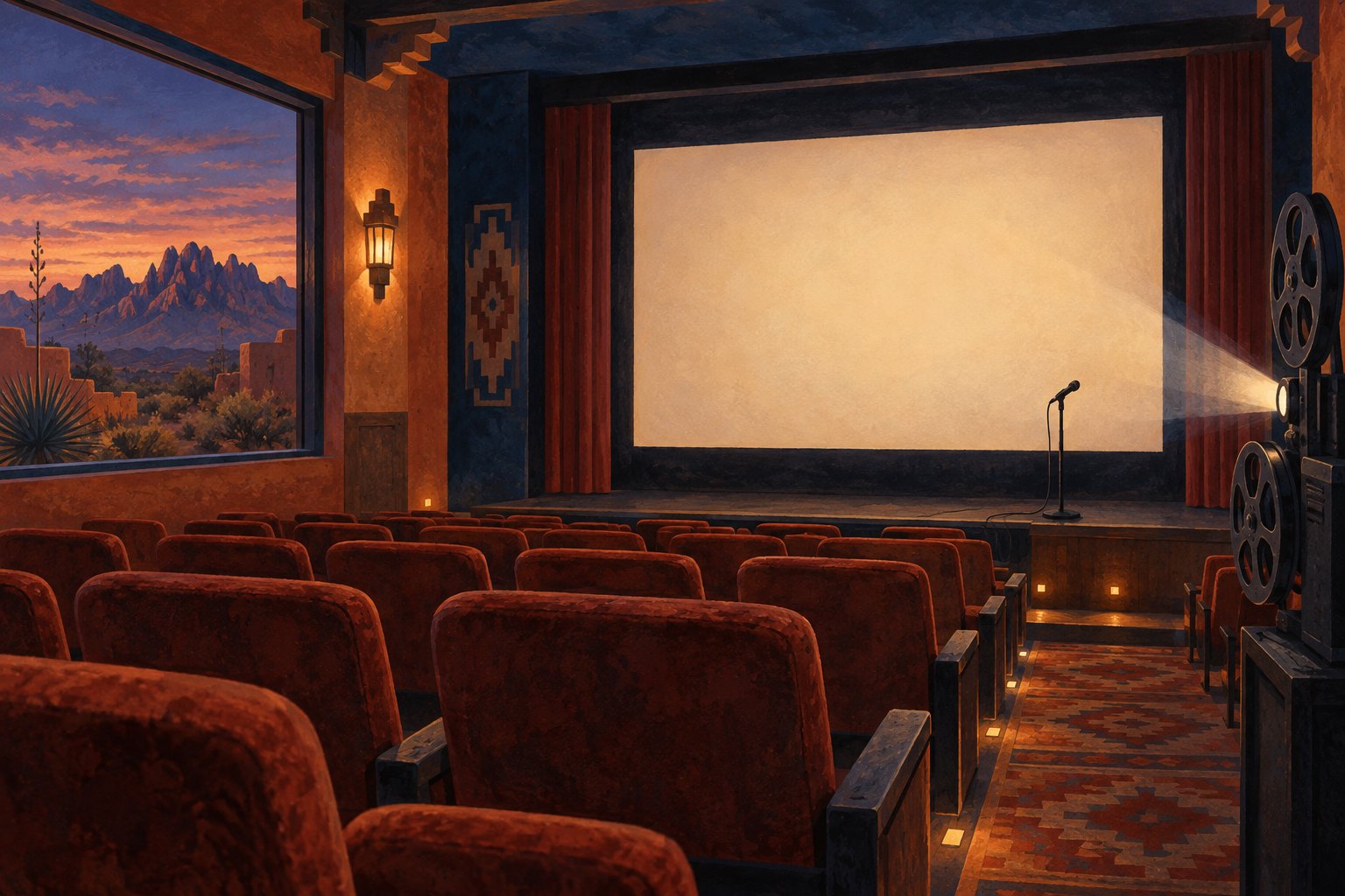 Editorial illustration of a Southwestern cinema with red seats, a blank screen, a microphone, and desert mountains visible through a window.