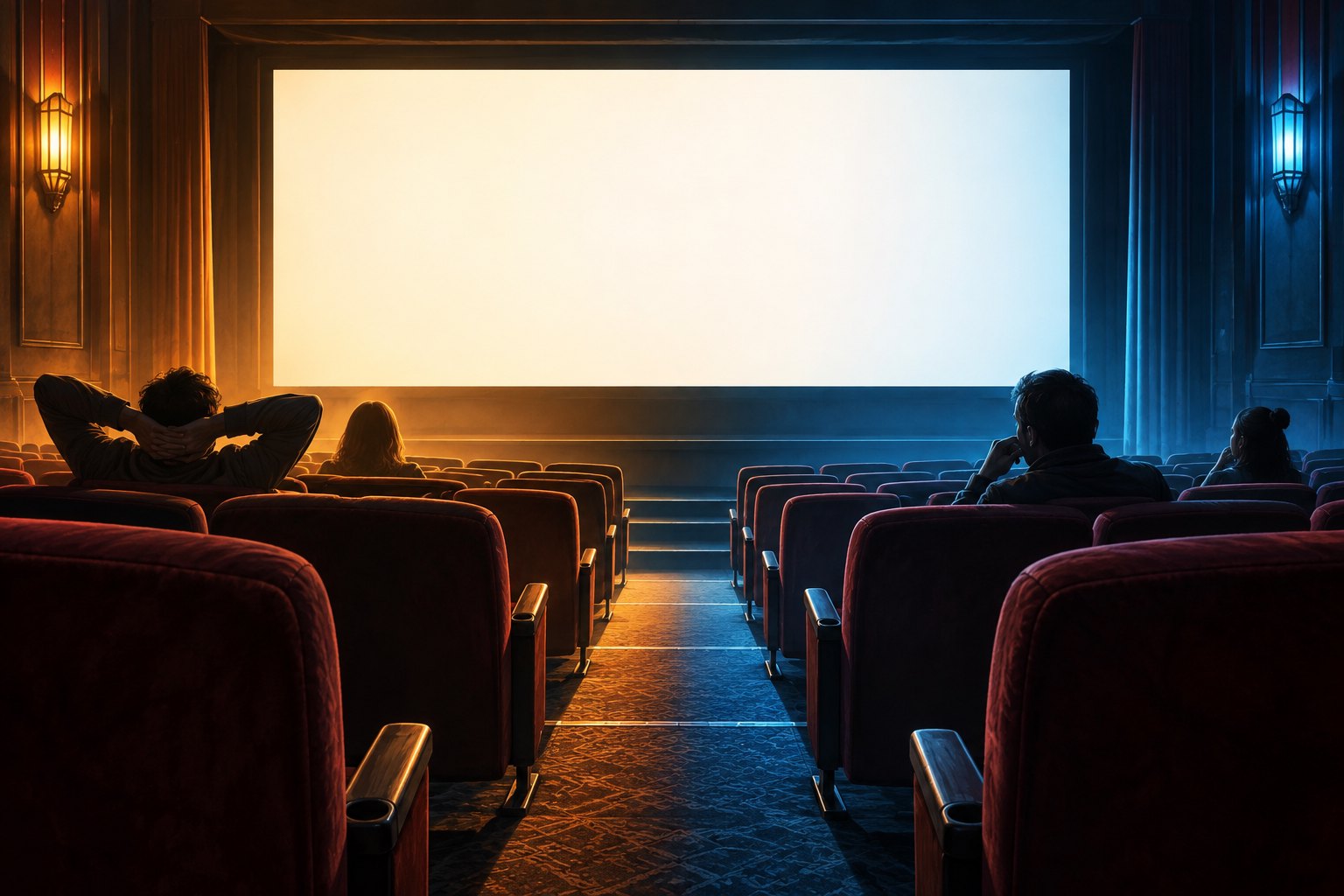 An editorial illustration of moviegoers facing a blank cinema screen under contrasting amber and blue light.