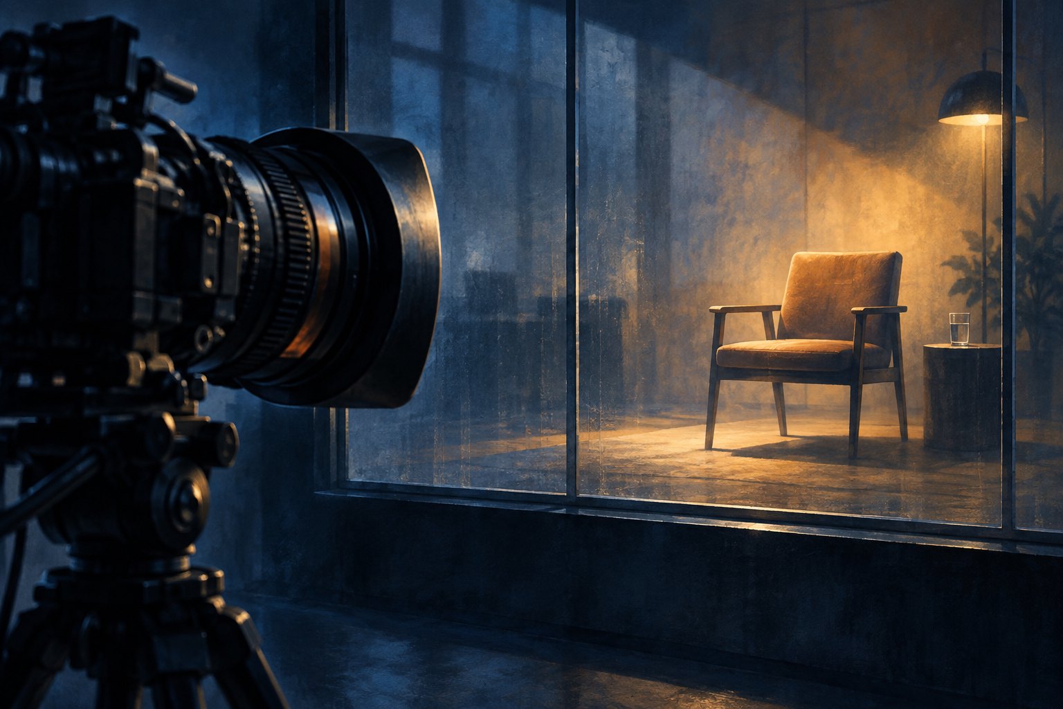 Conceptual illustration of a movie camera facing an empty, warmly lit interview chair behind glass.