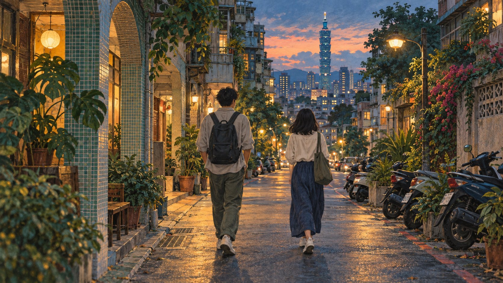 兩名旅人並肩走過暮色中的台北巷弄,騎樓與窗光映出安靜的陪伴感,為原創概念插畫。