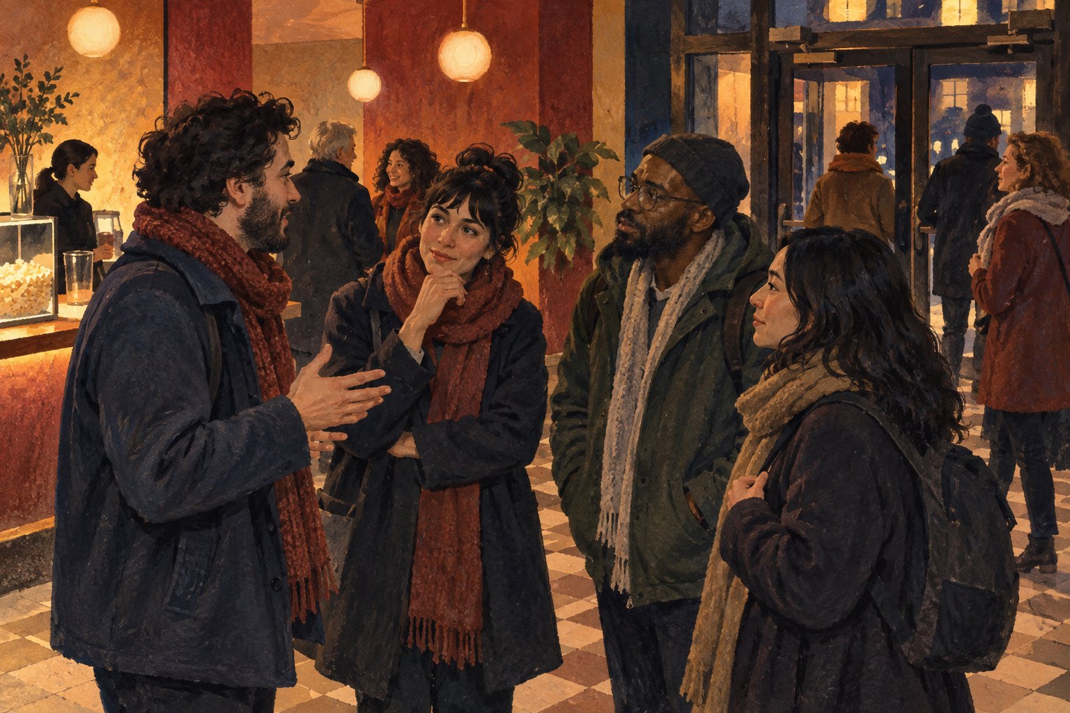 Conceptual illustration of moviegoers discussing a film in a warmly lit neighborhood cinema lobby.