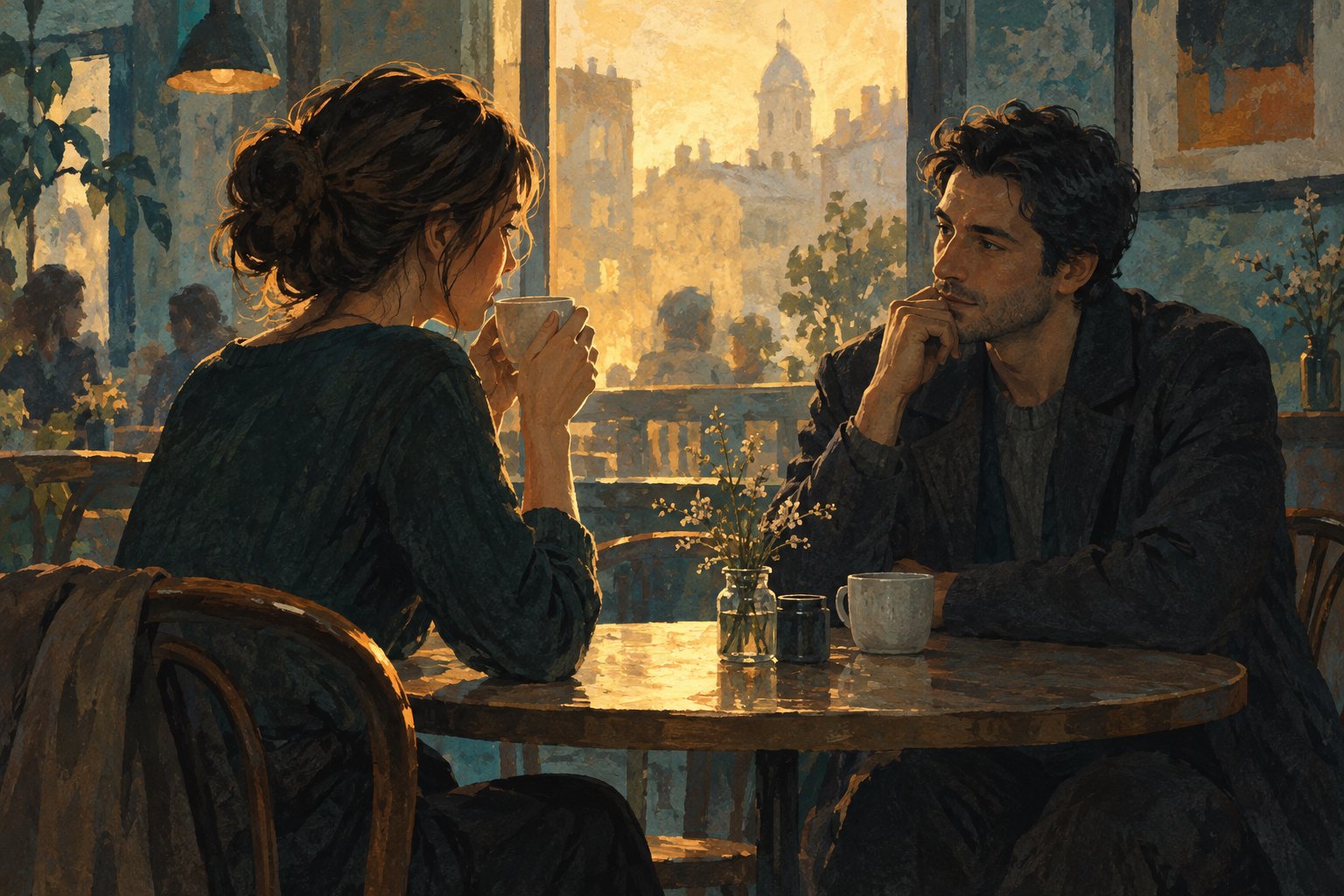 Conceptual illustration of two adults exchanging a thoughtful look across a cafe table in warm window light.