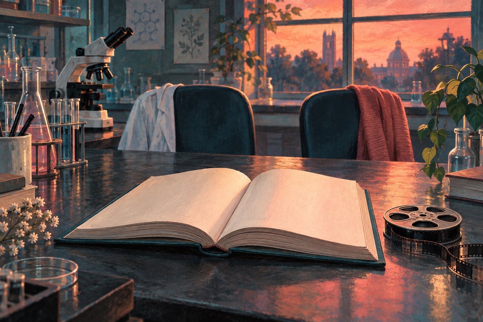 Painterly illustration of a blank open book and film reel on a laboratory desk, with a microscope and two empty chairs at sunset.