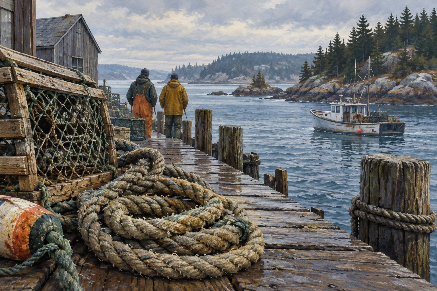 Conceptual illustration of lobster traps and coiled rope on a wooden dock, with two fishermen facing a cold coastal harbor.