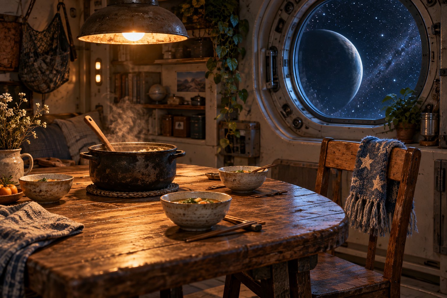 原创概念插画:星空舷窗旁的餐桌摆着热汤与三副碗筷,暖灯照亮空椅