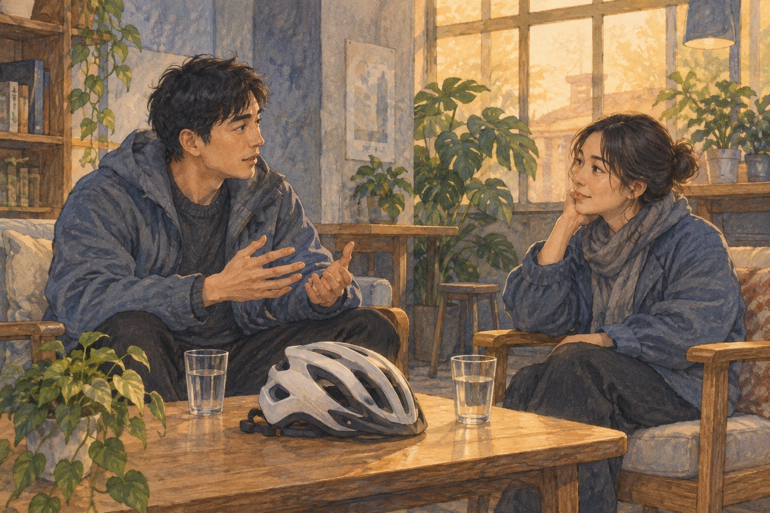 映后交流主题插画:两位观众在社区休息角交谈,桌上放着头盔和水杯,非活动实拍