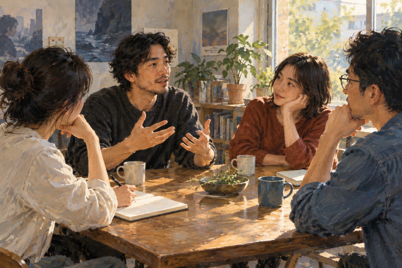 四名观众围桌交流观影感受的原创概念插画,非活动现场