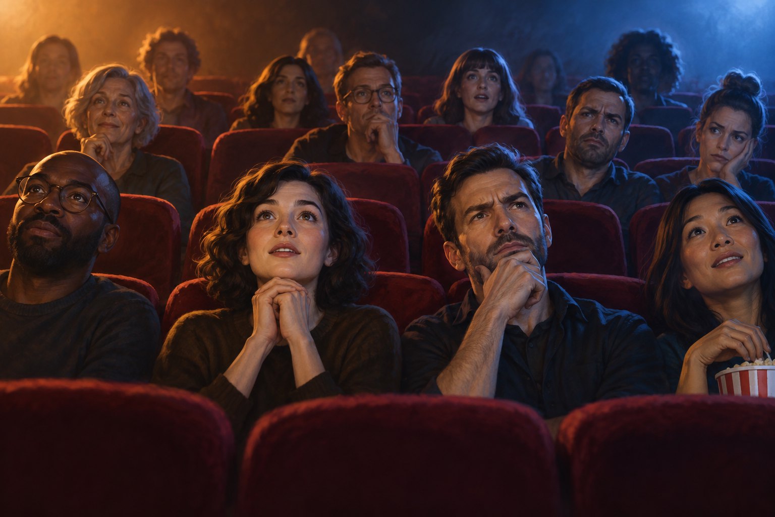Conceptual illustration of moviegoers with contrasting expressions in a cinema lit by warm amber and cool blue light.
