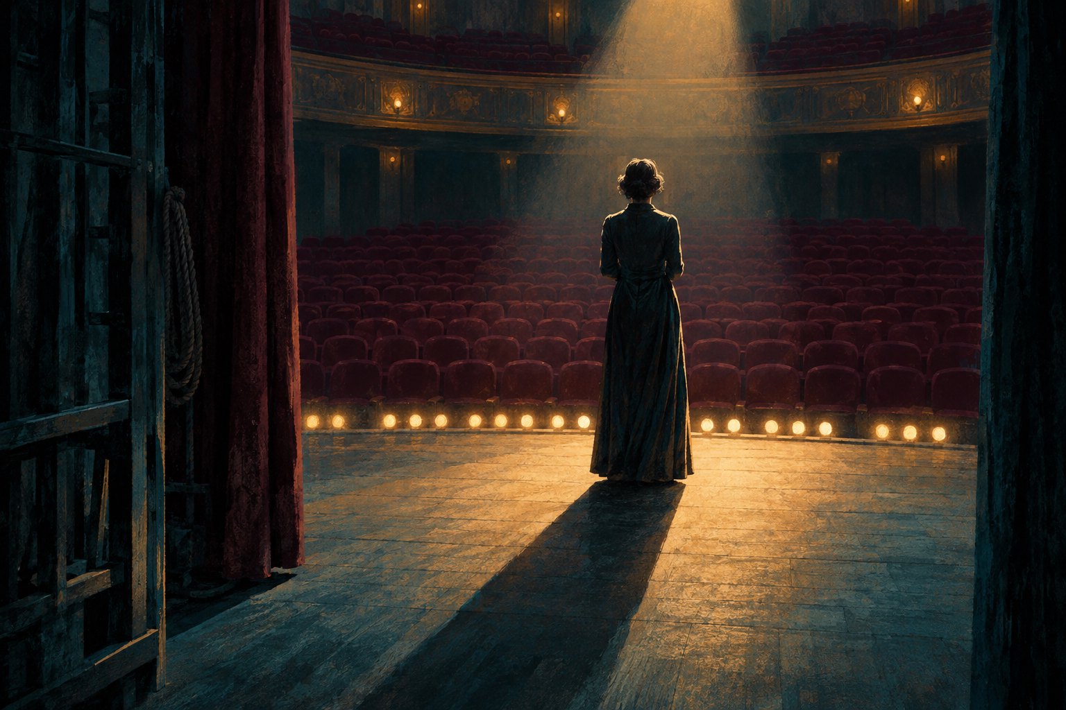 Conceptual illustration of a lone performer facing an empty theater under an amber spotlight.