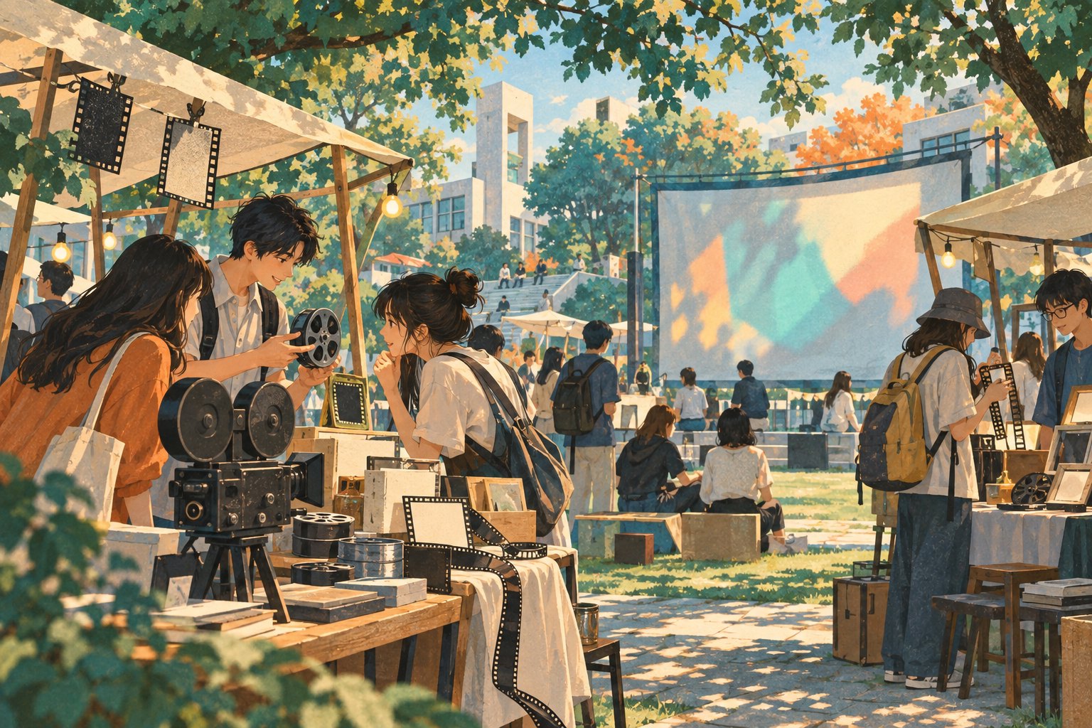 大学生在树荫下的电影主题市集交流,周围点缀摄影器材与胶片造型物件的概念插画