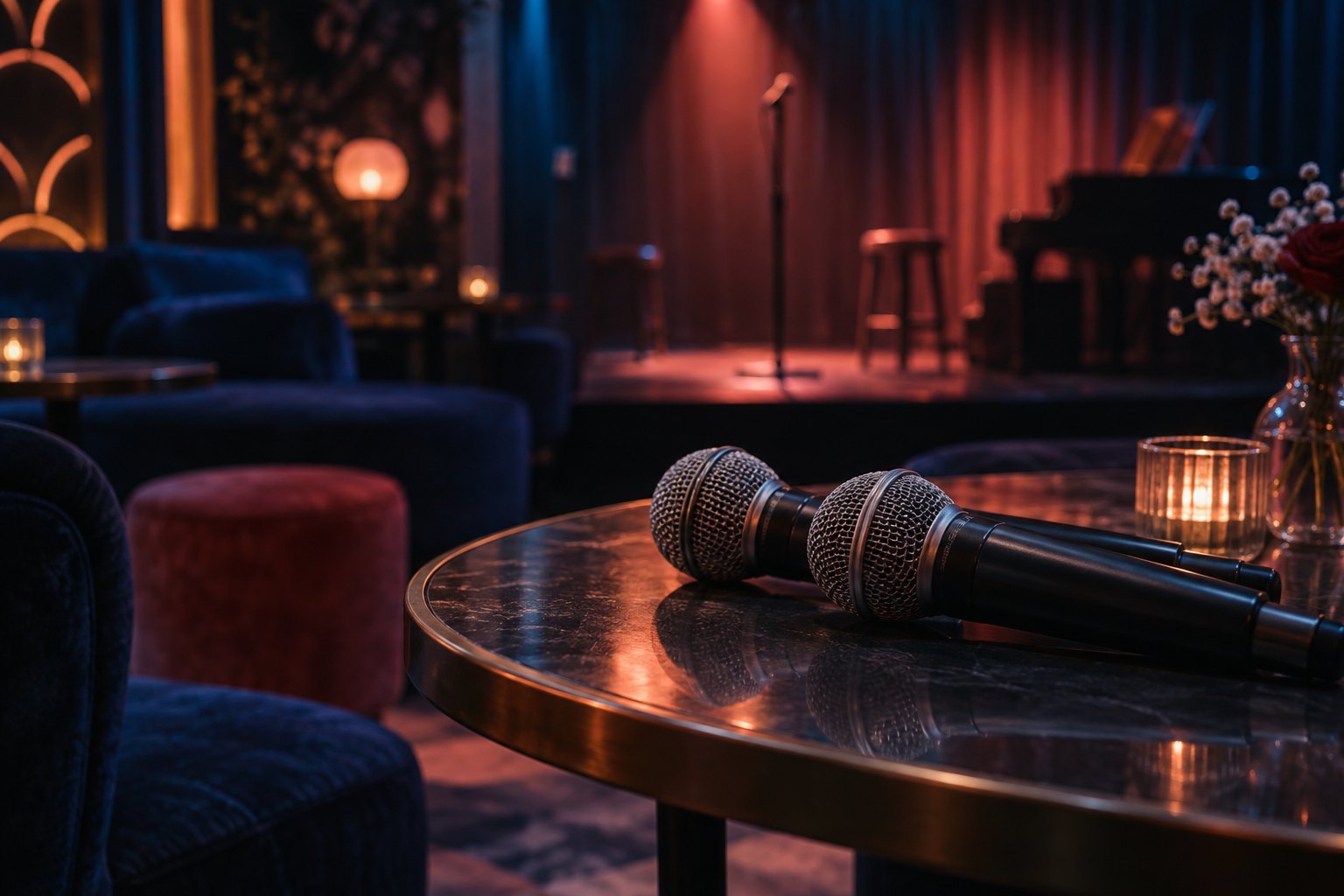 Two microphones rest on a table in an empty karaoke lounge illuminated by blue and coral light.