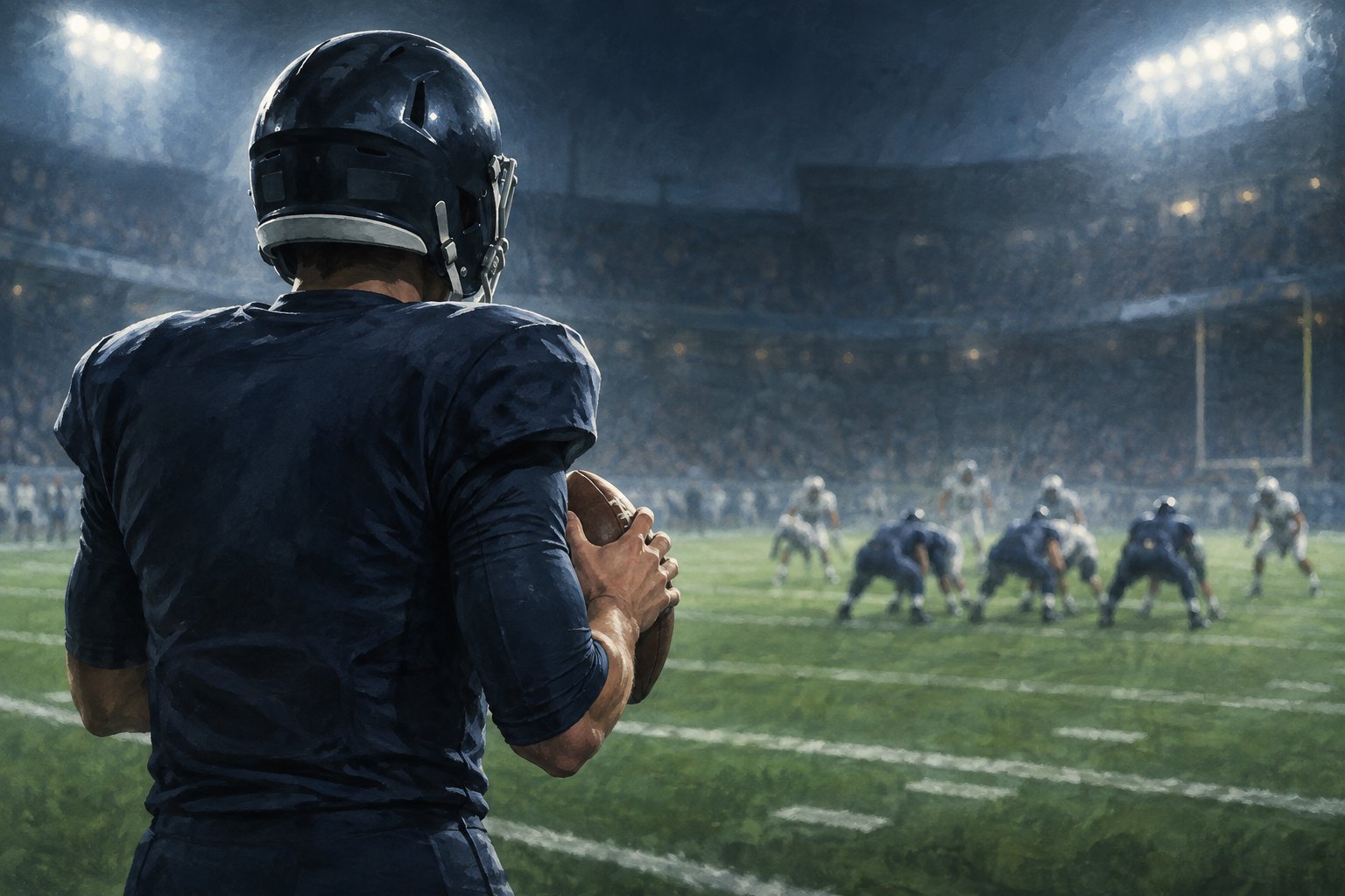Conceptual illustration of a quarterback holding a football and surveying the field beneath stadium lights.