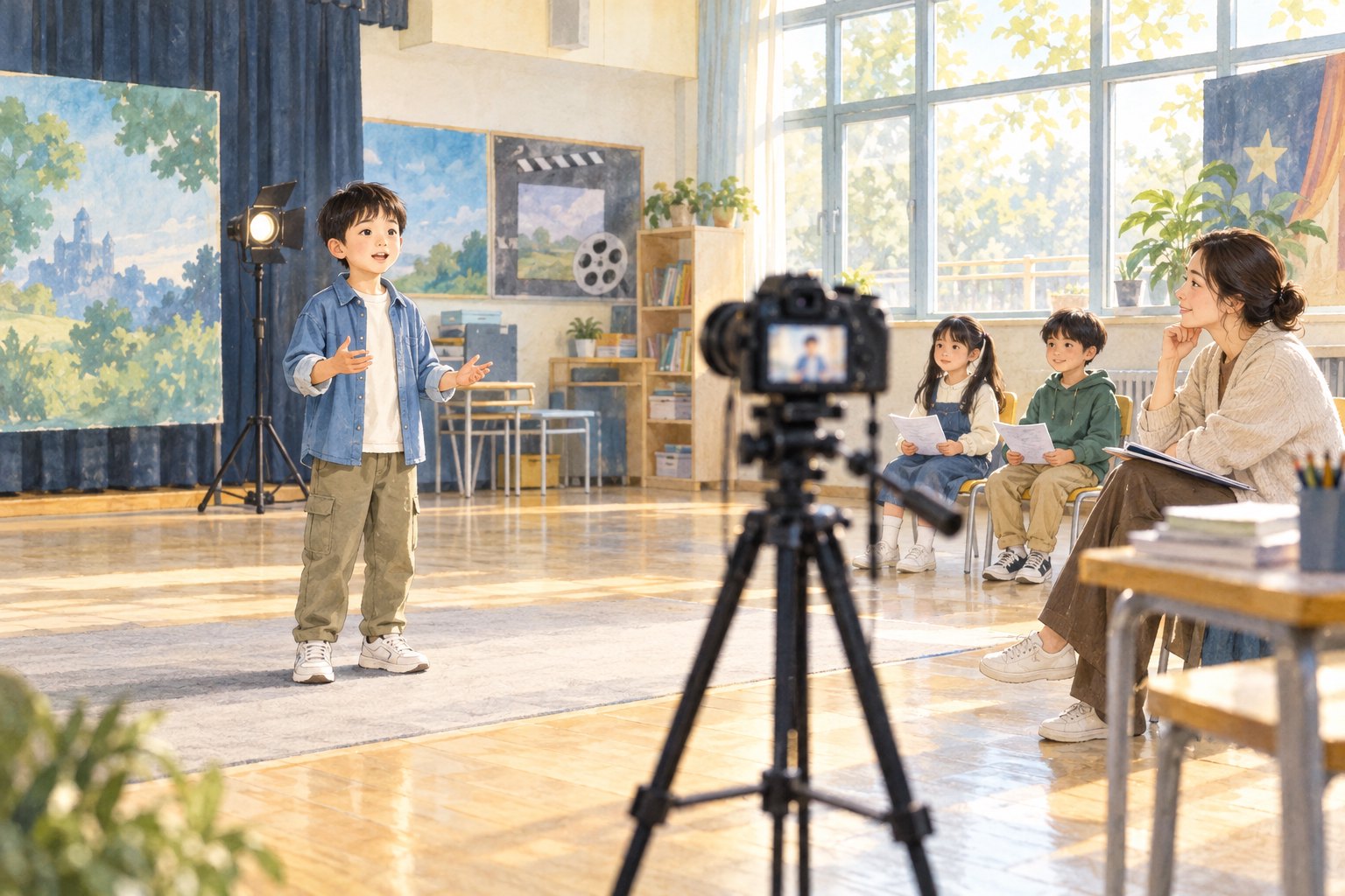 校园试镜主题插画:孩子面对摄像机表达,成人在旁倾听,同伴坐着等候