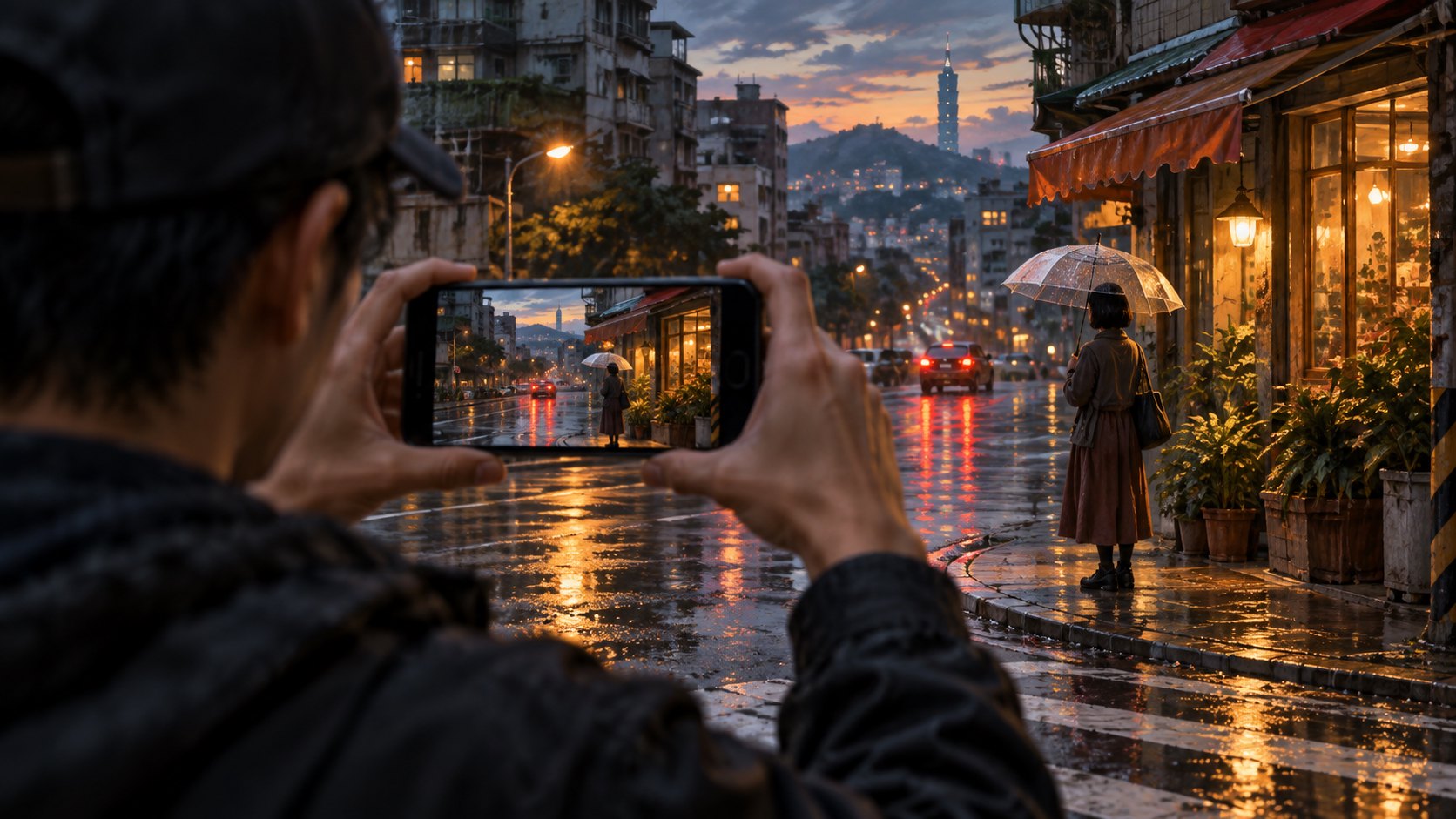 原創概念插畫:拍攝者橫持無品牌手機,取景雨後暮色街頭的撐傘人物,非實機示意